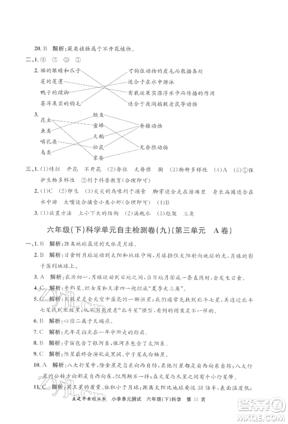 浙江工商大學(xué)出版社2022孟建平系列小學(xué)單元測(cè)試六年級(jí)下冊(cè)科學(xué)教科版參考答案