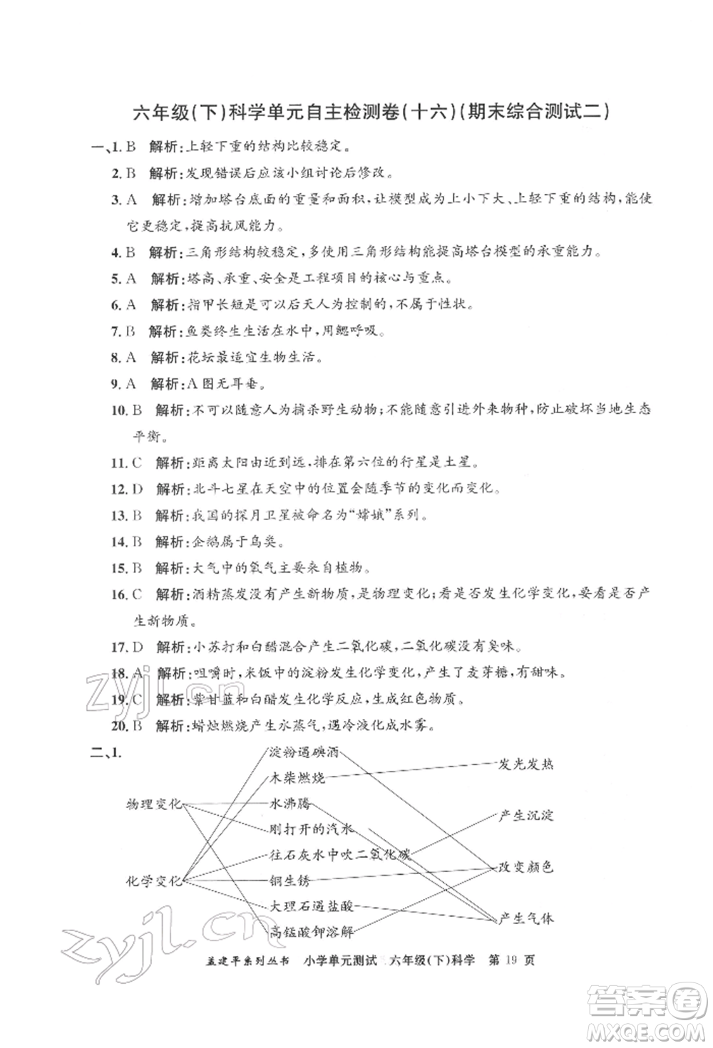 浙江工商大學(xué)出版社2022孟建平系列小學(xué)單元測(cè)試六年級(jí)下冊(cè)科學(xué)教科版參考答案