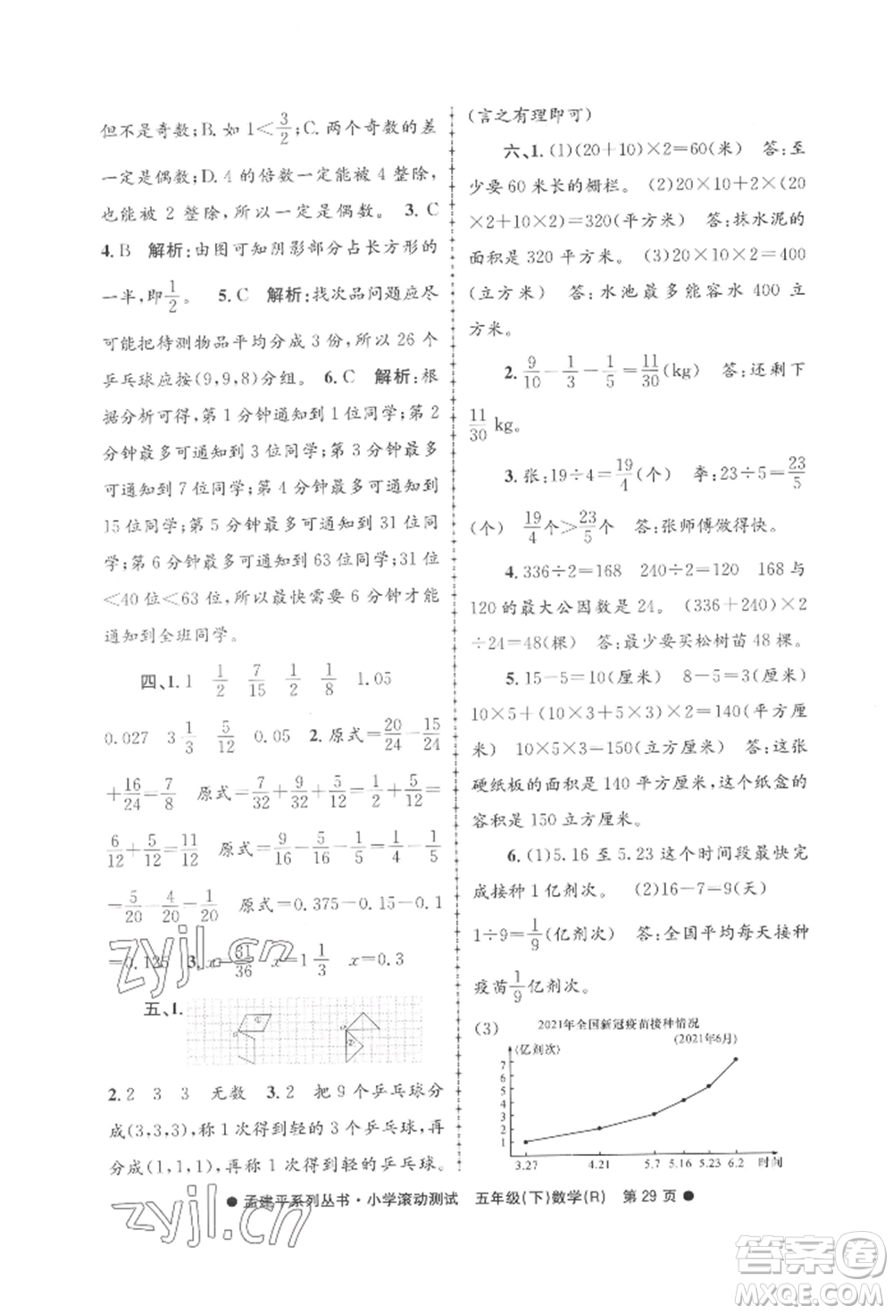 浙江工商大學(xué)出版社2022孟建平系列小學(xué)滾動(dòng)測(cè)試五年級(jí)下冊(cè)數(shù)學(xué)人教版參考答案