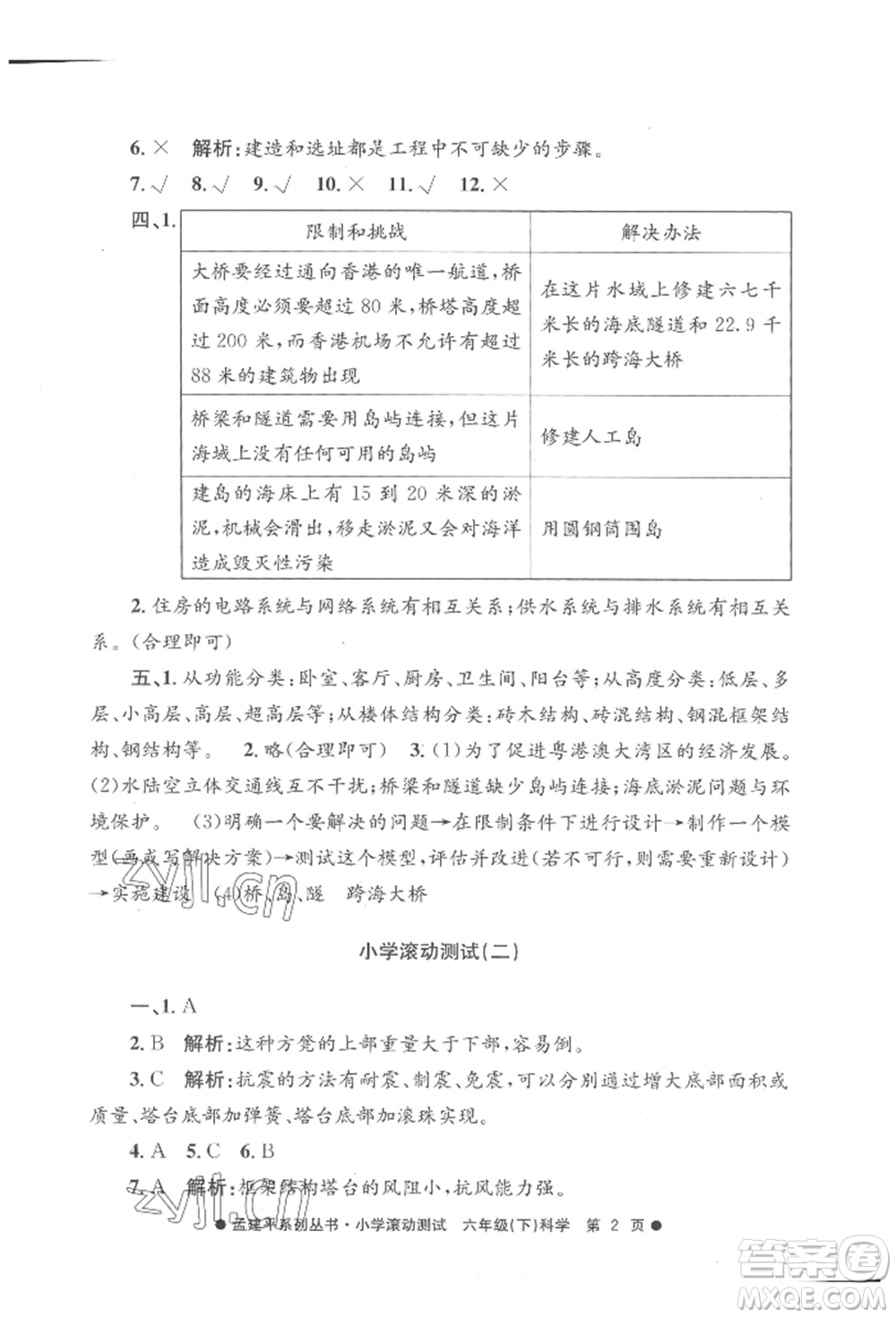 浙江工商大學(xué)出版社2022孟建平系列小學(xué)滾動(dòng)測(cè)試六年級(jí)下冊(cè)科學(xué)教科版參考答案