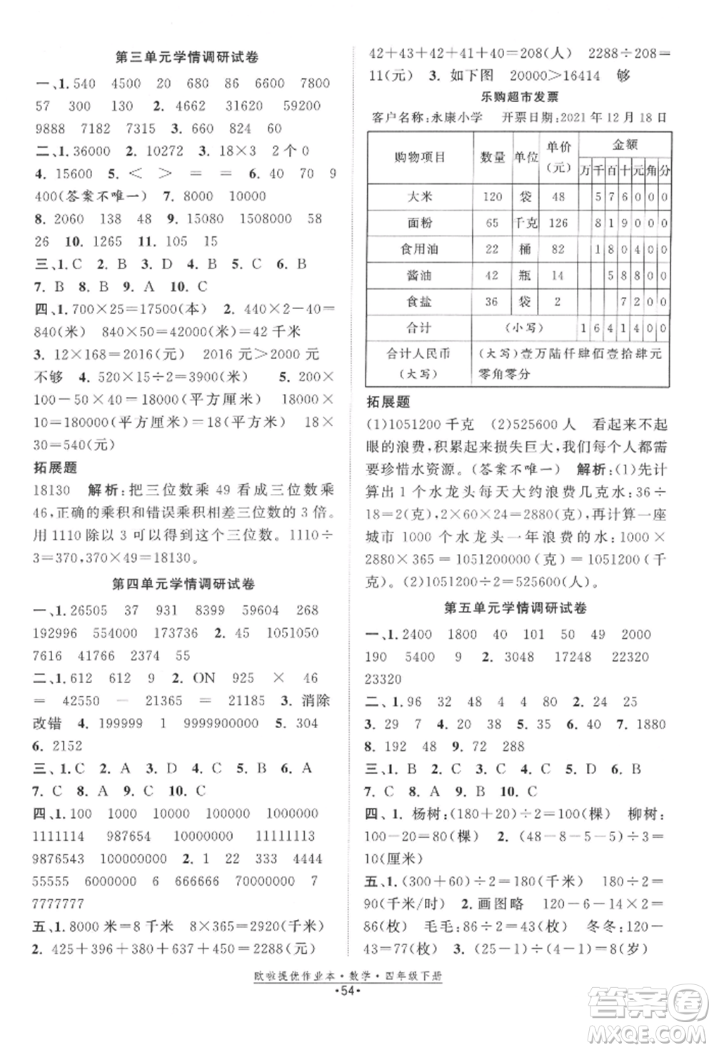 江蘇鳳凰美術(shù)出版社2022歐拉提優(yōu)作業(yè)本四年級數(shù)學下冊蘇教版參考答案