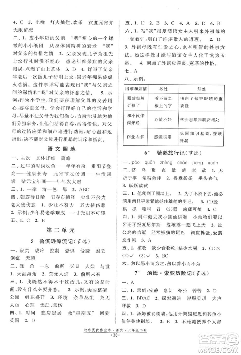 江蘇鳳凰美術出版社2022歐拉提優(yōu)作業(yè)本六年級語文下冊人教版參考答案