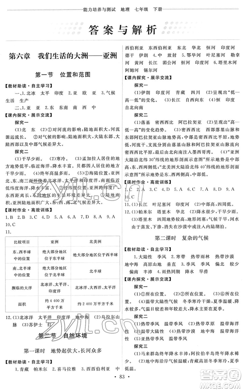 人民教育出版社2022能力培養(yǎng)與測試七年級地理下冊人教版答案