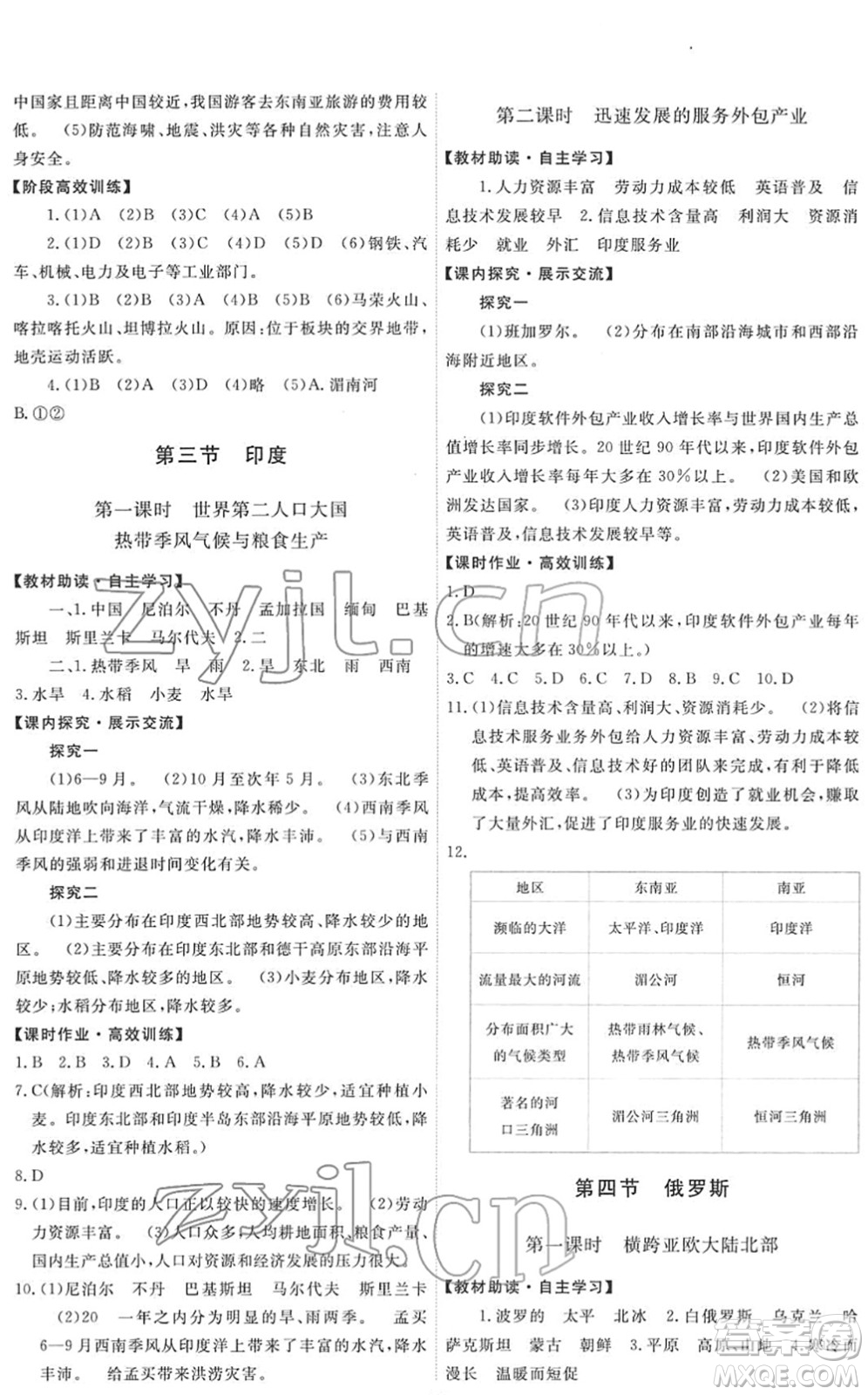 人民教育出版社2022能力培養(yǎng)與測試七年級地理下冊人教版答案