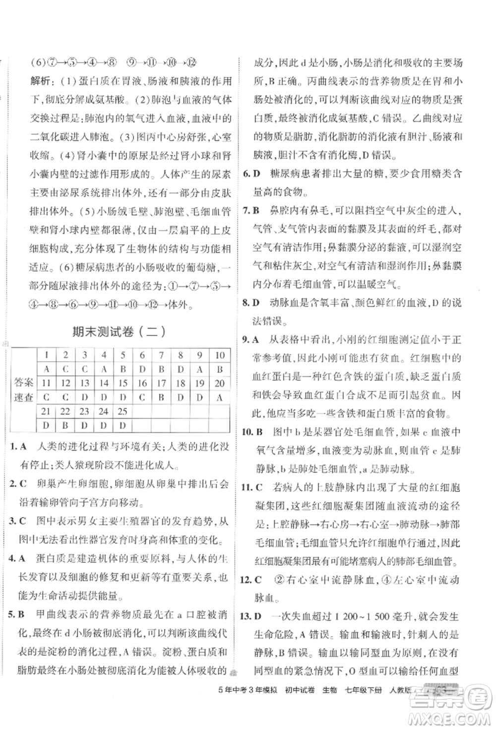 首都師范大學(xué)出版社2022年5年中考3年模擬初中試卷七年級(jí)下冊生物人教版參考答案