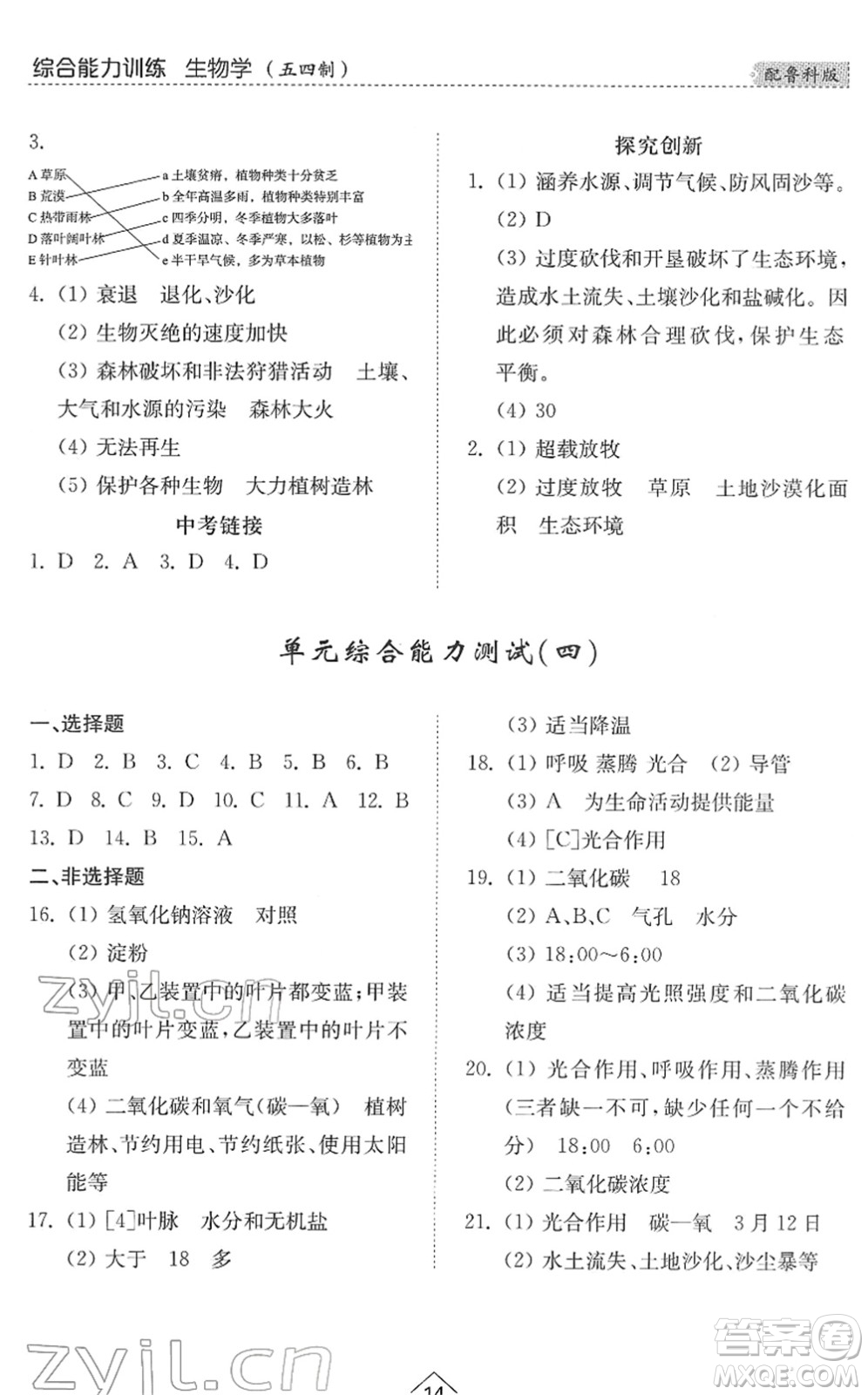 山東人民出版社2022綜合能力訓(xùn)練六年級(jí)生物下冊(cè)魯科版五四學(xué)制答案