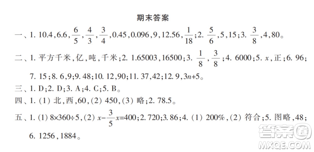 2022春小學(xué)生數(shù)學(xué)報(bào)配套試卷六年級下冊期末測試卷參考答案