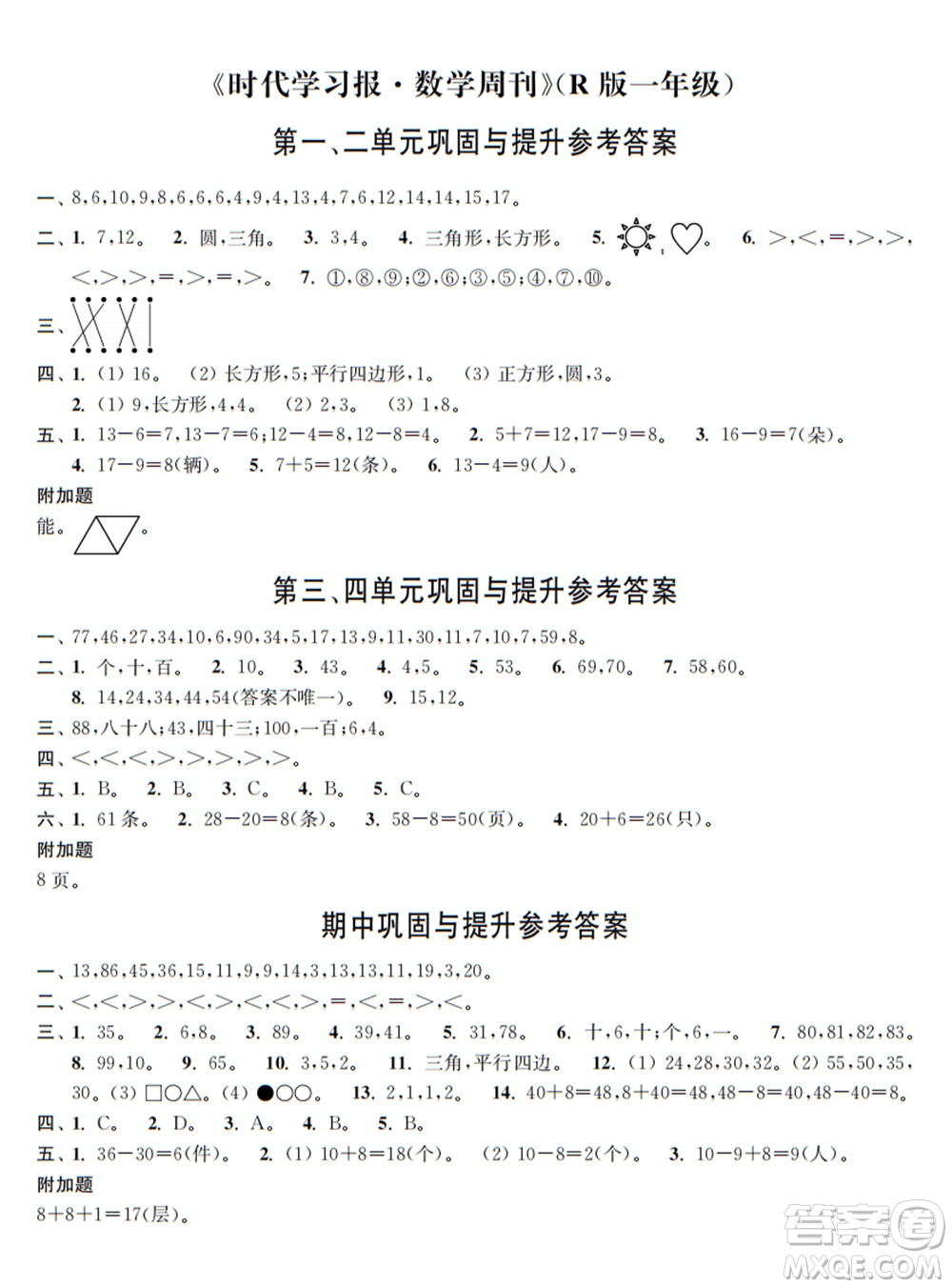 時(shí)代學(xué)習(xí)報(bào)數(shù)學(xué)周刊2021-2022學(xué)年度R人教版一年級(jí)第二學(xué)期鞏固與提升參考答案