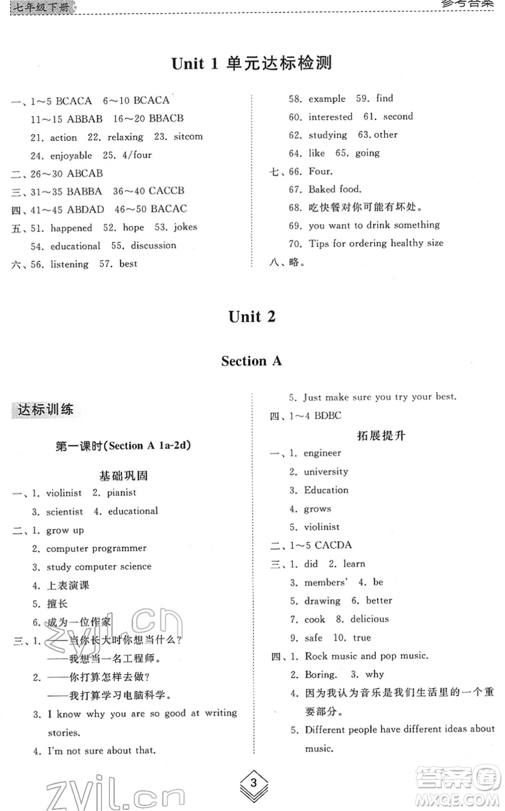 山東人民出版社2022綜合能力訓練七年級英語下冊魯教版五四學制答案