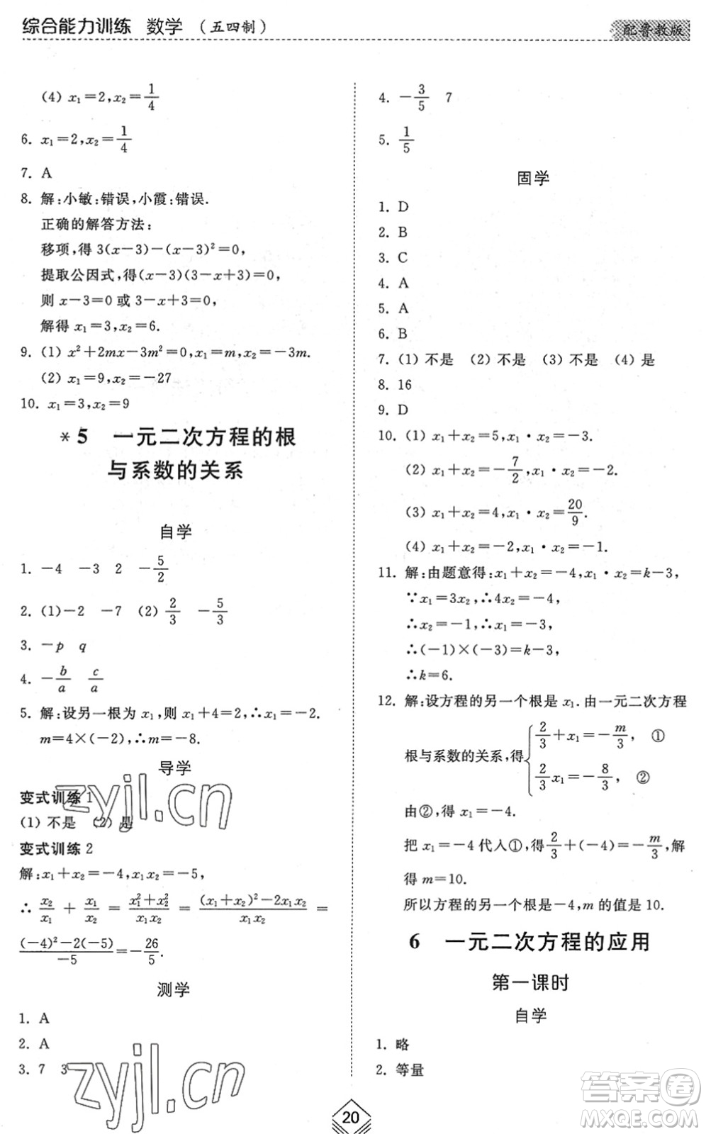 山東人民出版社2022綜合能力訓(xùn)練八年級(jí)數(shù)學(xué)下冊(cè)魯教版五四學(xué)制答案