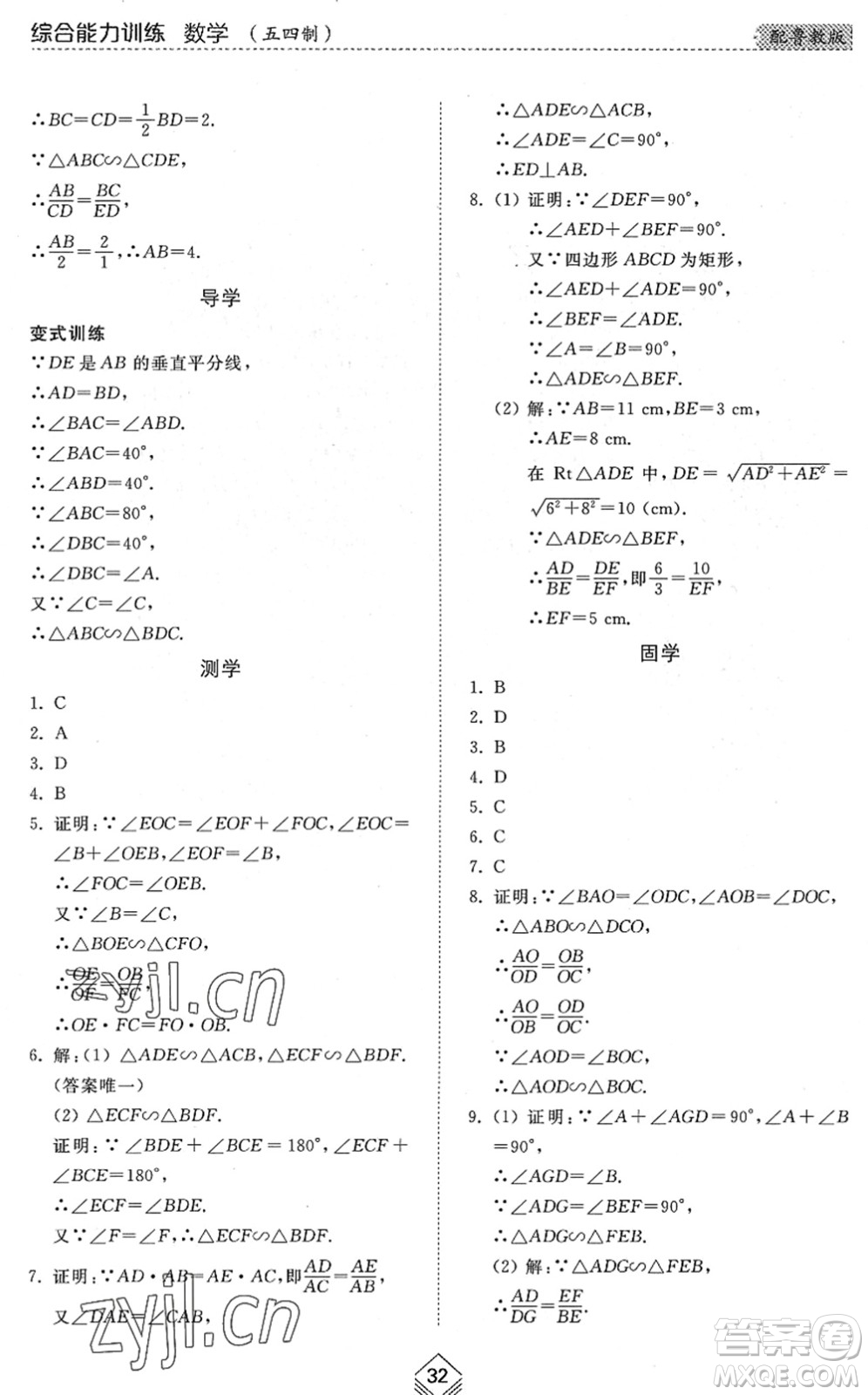 山東人民出版社2022綜合能力訓(xùn)練八年級(jí)數(shù)學(xué)下冊(cè)魯教版五四學(xué)制答案