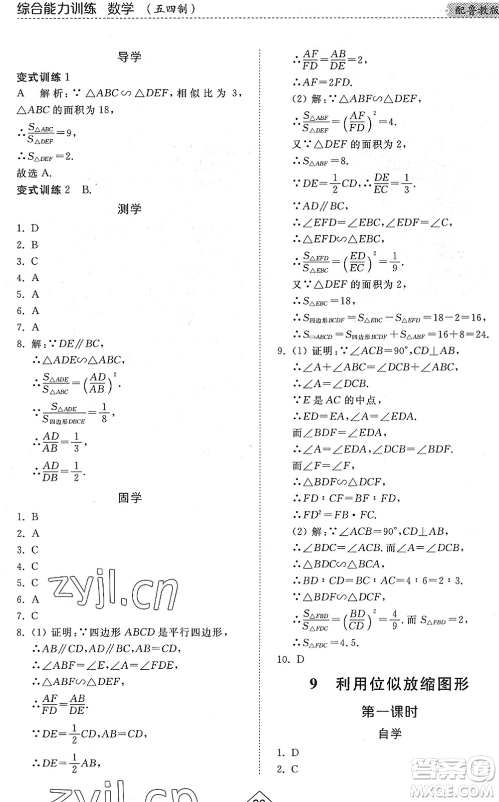 山東人民出版社2022綜合能力訓(xùn)練八年級(jí)數(shù)學(xué)下冊(cè)魯教版五四學(xué)制答案