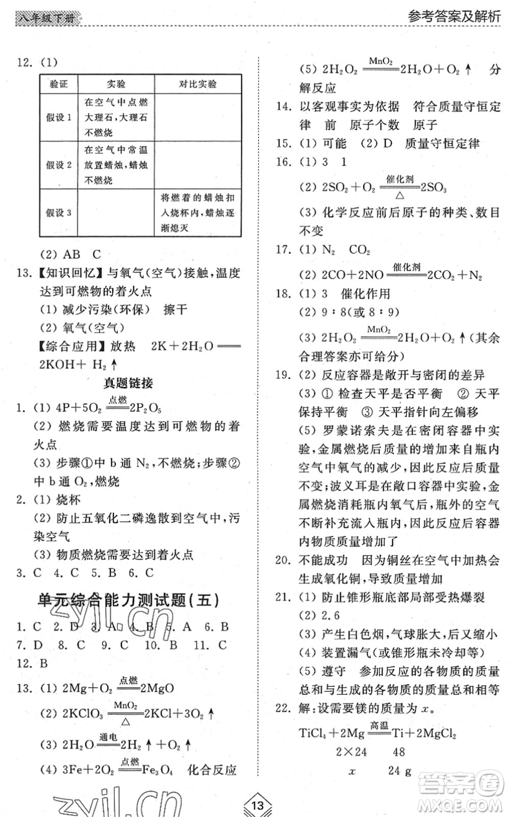 山東人民出版社2022綜合能力訓(xùn)練八年級化學(xué)下冊魯教版五四學(xué)制答案