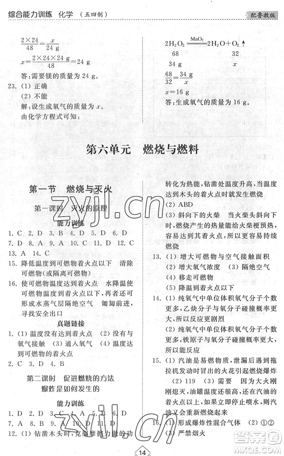 山東人民出版社2022綜合能力訓(xùn)練八年級化學(xué)下冊魯教版五四學(xué)制答案