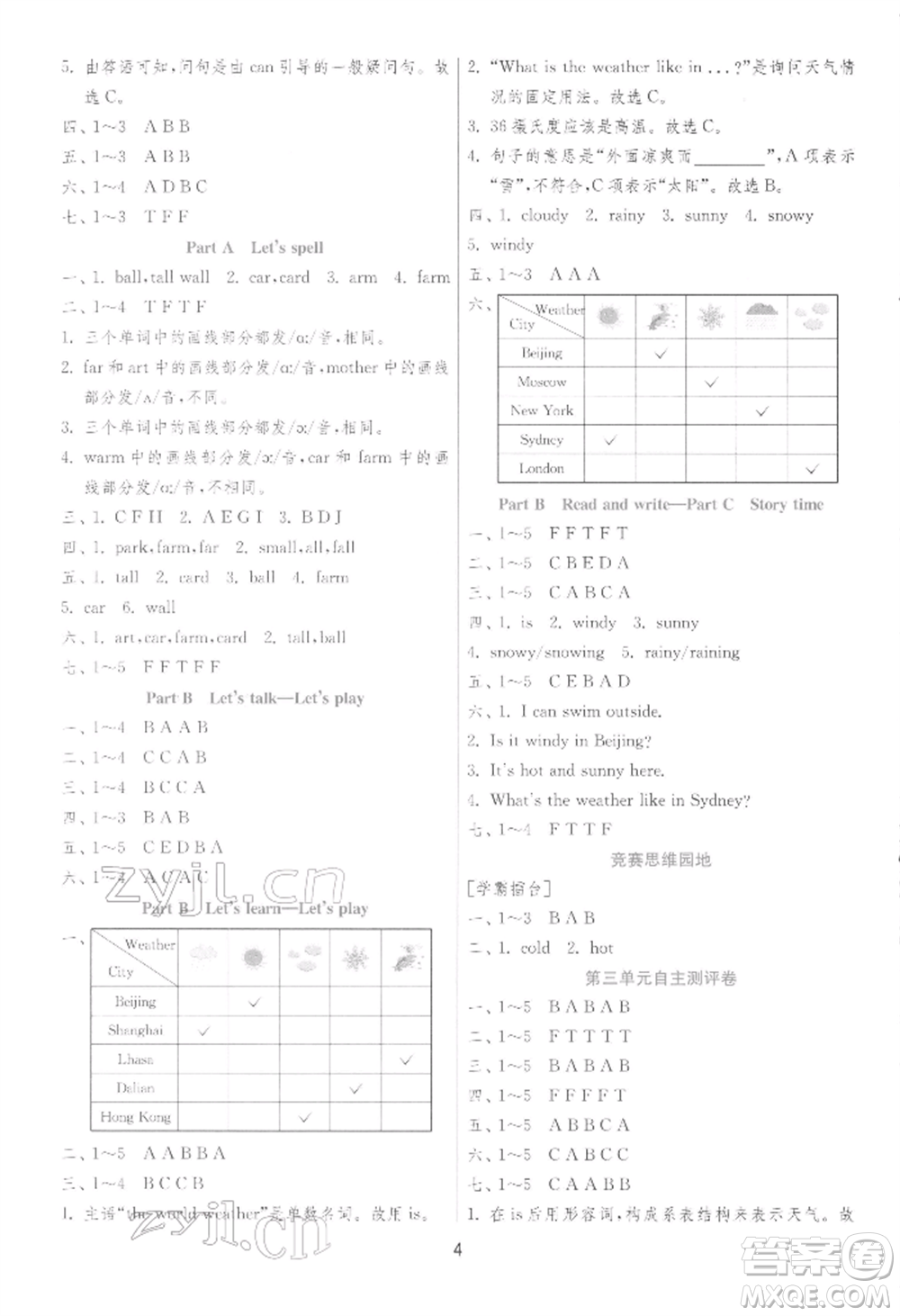 江蘇人民出版社2022實(shí)驗(yàn)班提優(yōu)訓(xùn)練四年級(jí)下冊英語人教版參考答案