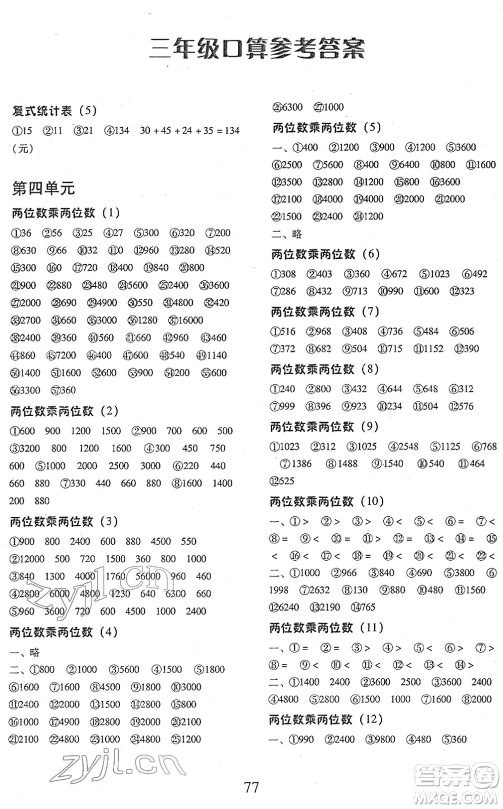 云南美術(shù)出版社2022每日10分鐘口算心算速算天天練三年級(jí)數(shù)學(xué)下冊(cè)RJ人教版答案