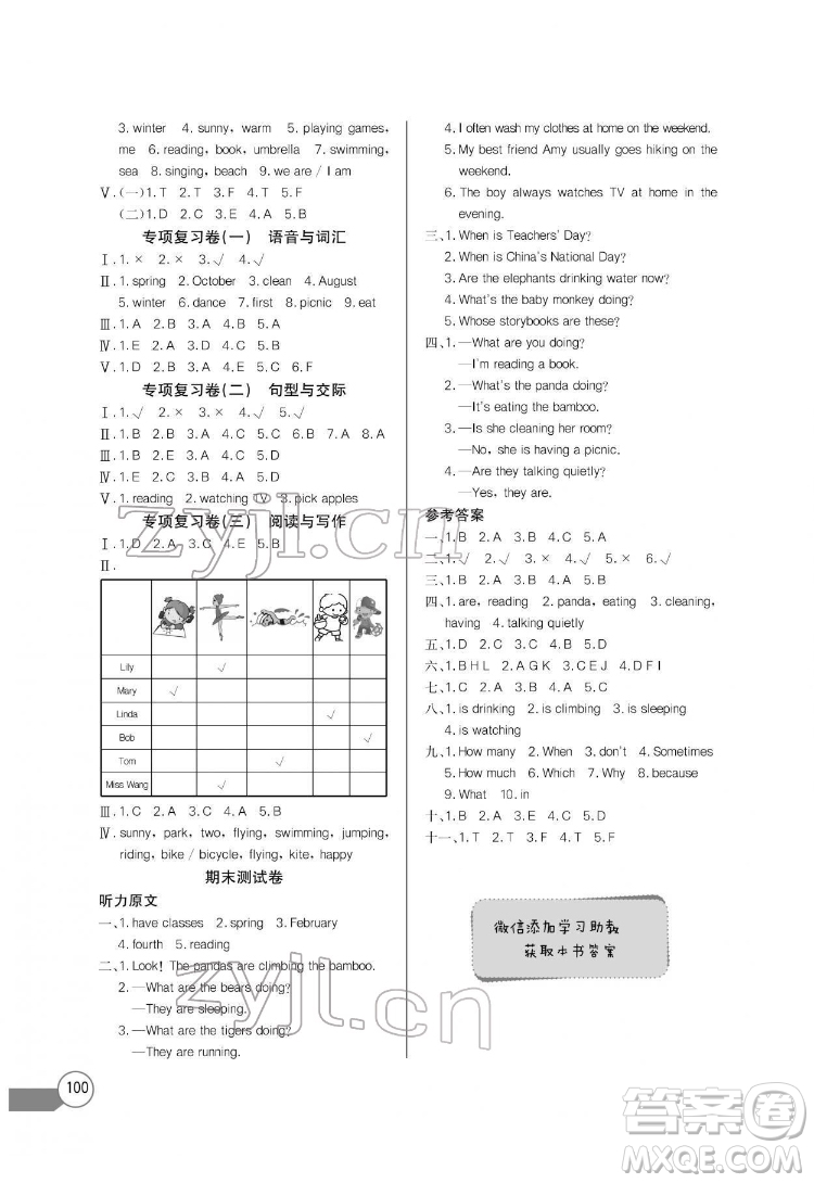 長(zhǎng)江少年兒童出版社2022長(zhǎng)江全能學(xué)案同步練習(xí)冊(cè)五年級(jí)英語下冊(cè)人教PEP版答案