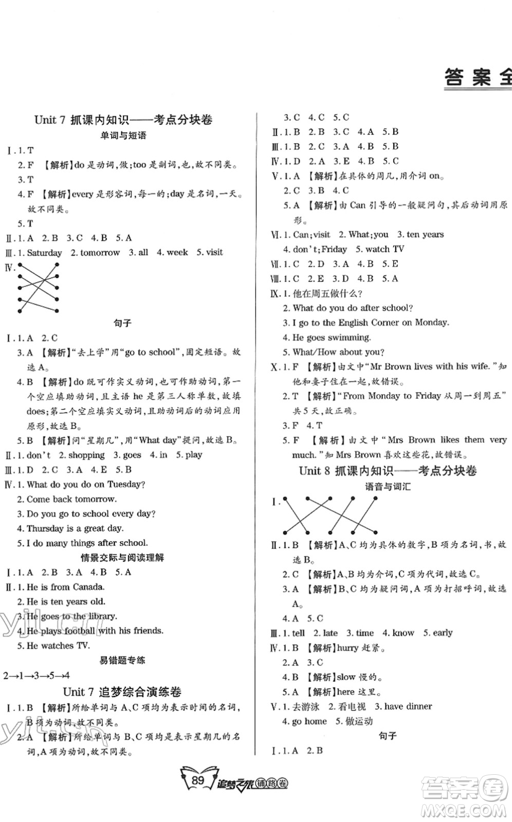 天津科學(xué)技術(shù)出版社2022追夢(mèng)之旅鋪路卷五年級(jí)英語下冊(cè)BS北師版河南專版答案