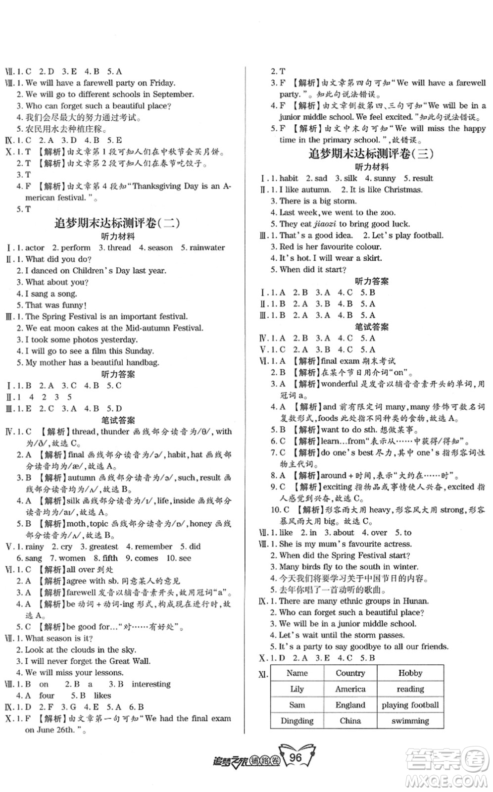 天津科學(xué)技術(shù)出版社2022追夢(mèng)之旅鋪路卷六年級(jí)英語(yǔ)下冊(cè)LX魯湘版河南專版答案