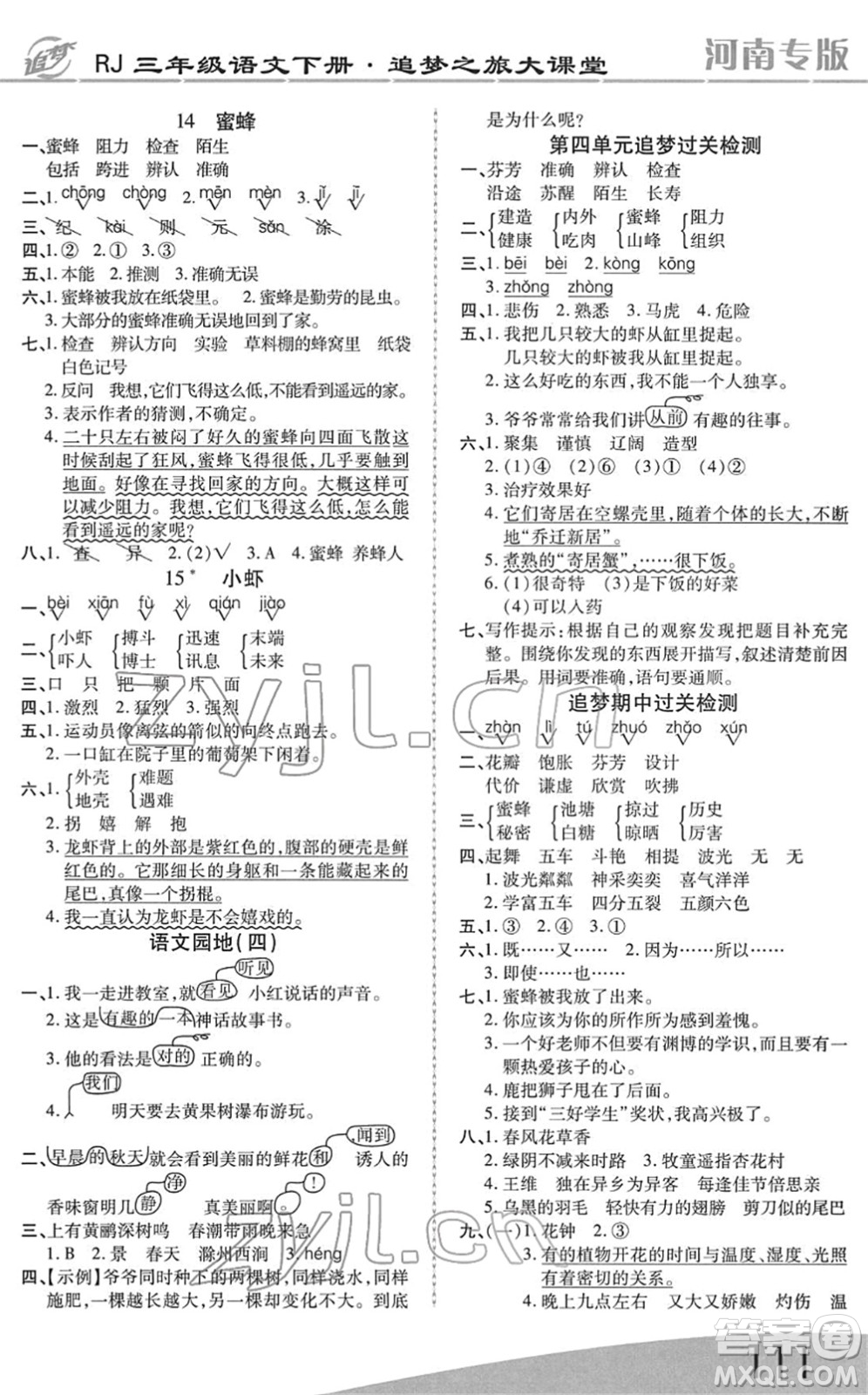 天津科學(xué)技術(shù)出版社2022追夢(mèng)之旅大課堂三年級(jí)語(yǔ)文下冊(cè)RJ人教版河南專(zhuān)版答案