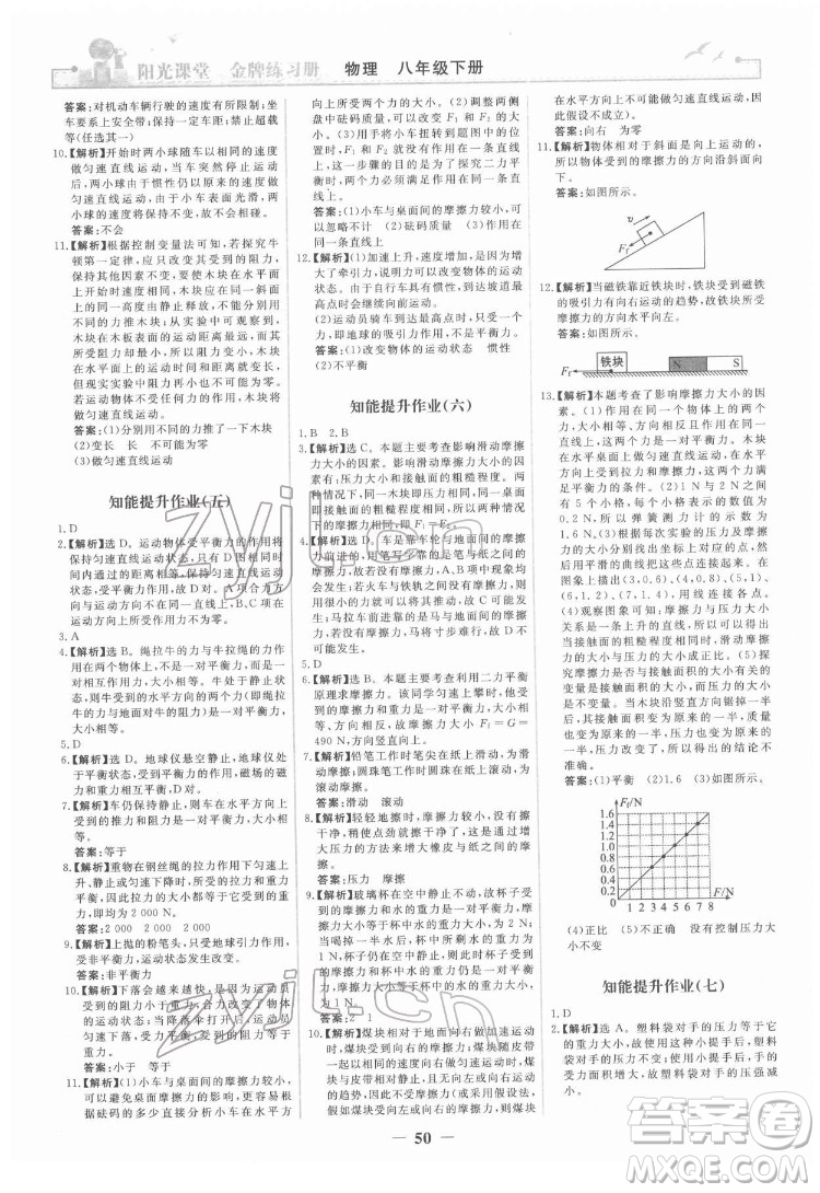 人民教育出版社2022陽光課堂金牌練習(xí)冊物理八年級下冊人教版答案