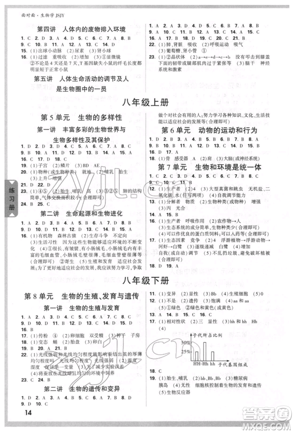 新疆青少年出版社2022中考面對面九年級生物學蘇教版參考答案