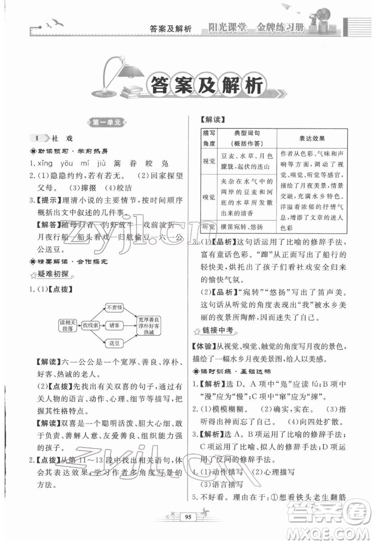 人民教育出版社2022陽光課堂金牌練習(xí)冊語文八年級下冊人教版福建專版答案