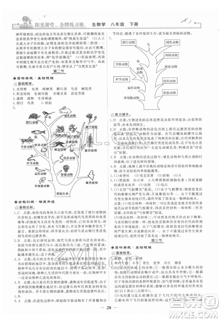 人民教育出版社2022陽光課堂金牌練習(xí)冊生物學(xué)八年級下冊人教版答案