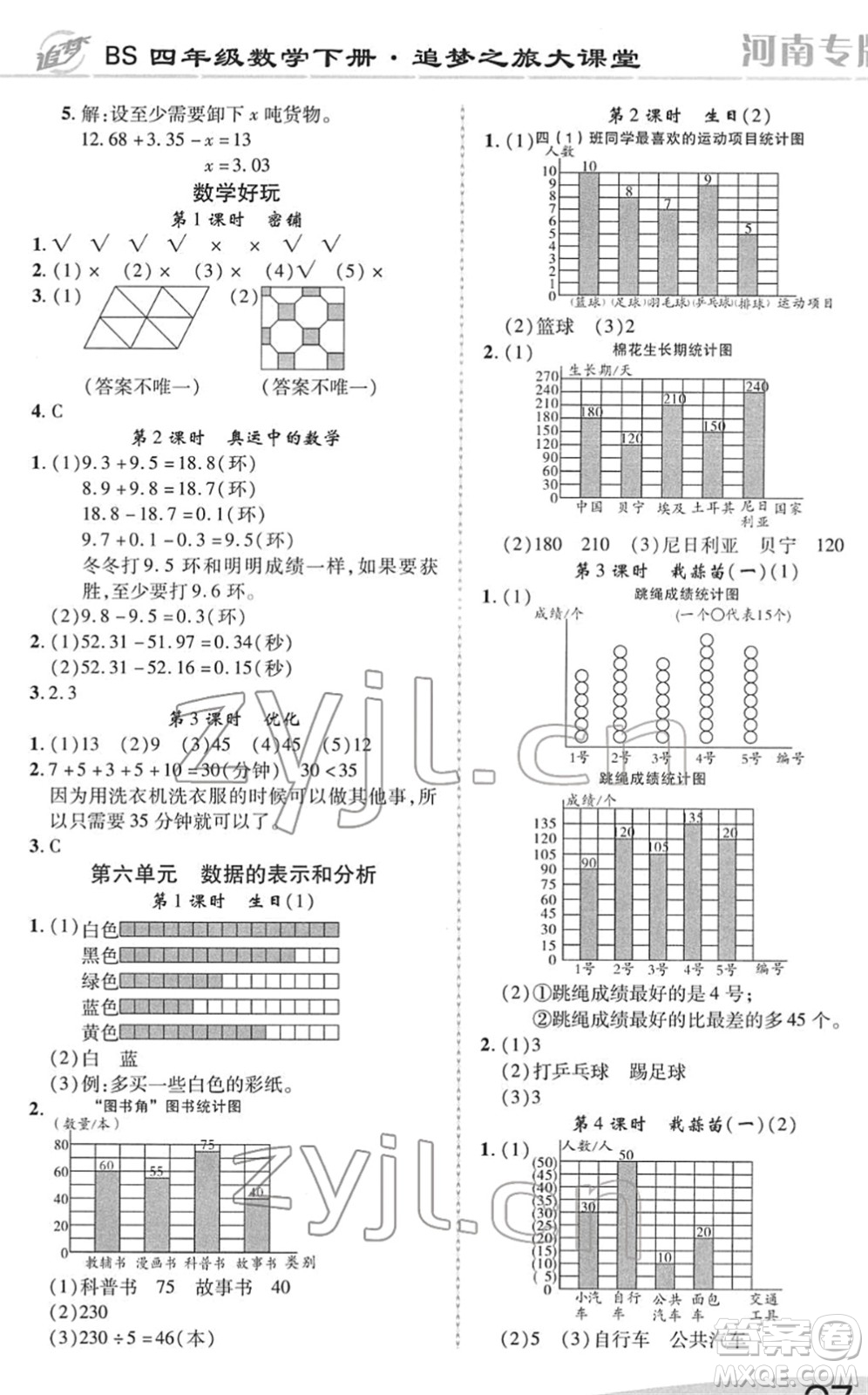 天津科學技術出版社2022追夢之旅大課堂四年級數(shù)學下冊BS北師版河南專版答案