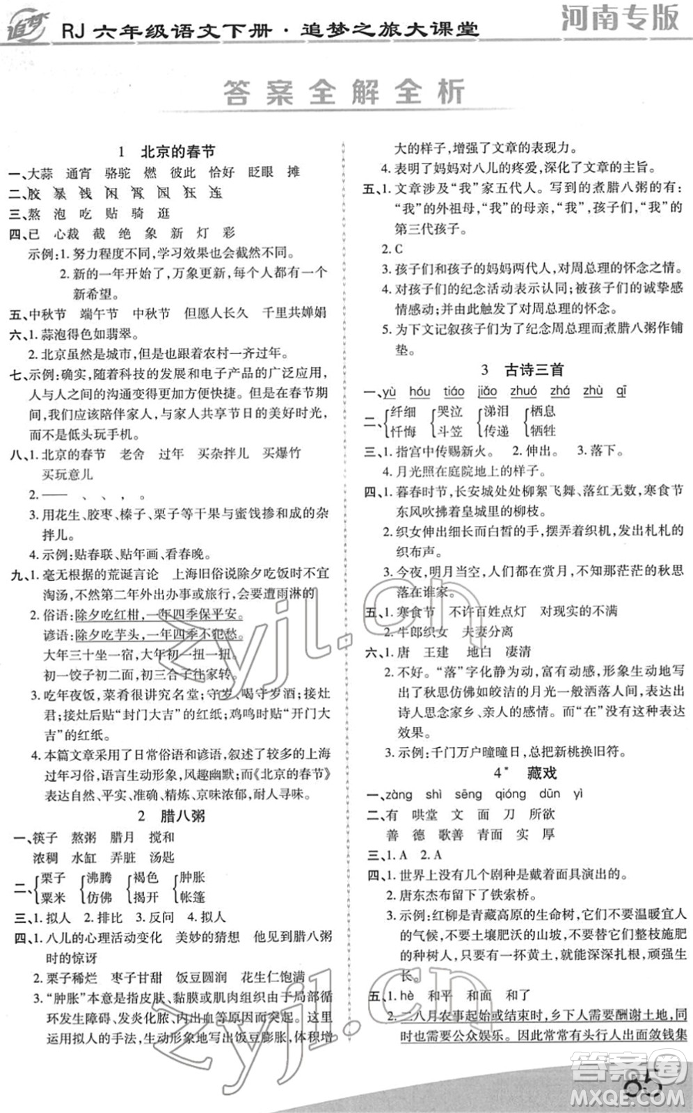 天津科學(xué)技術(shù)出版社2022追夢之旅大課堂六年級語文下冊RJ人教版河南專版答案