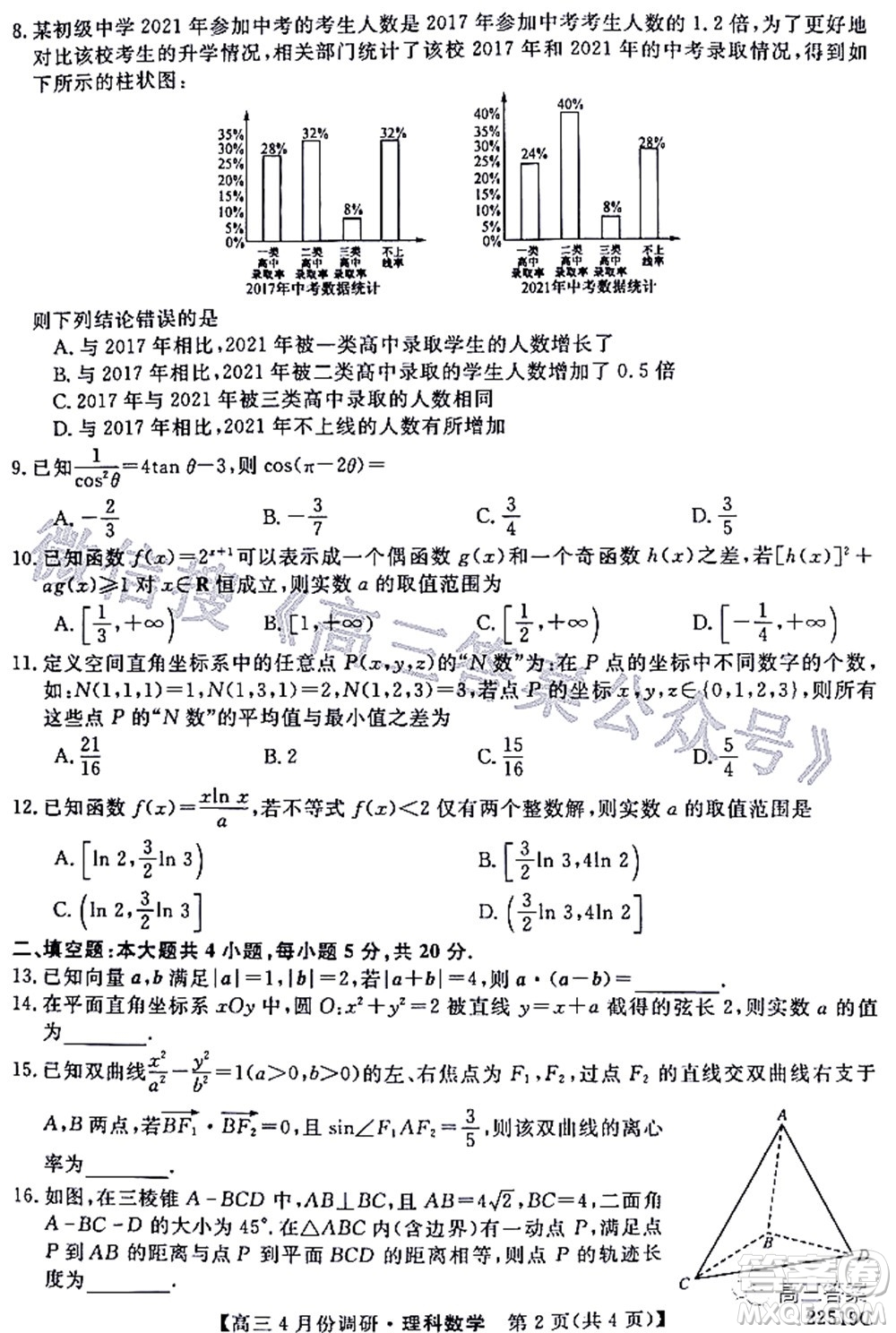 2021-2022學年山西省高三4月份調(diào)研理科數(shù)學試題及答案