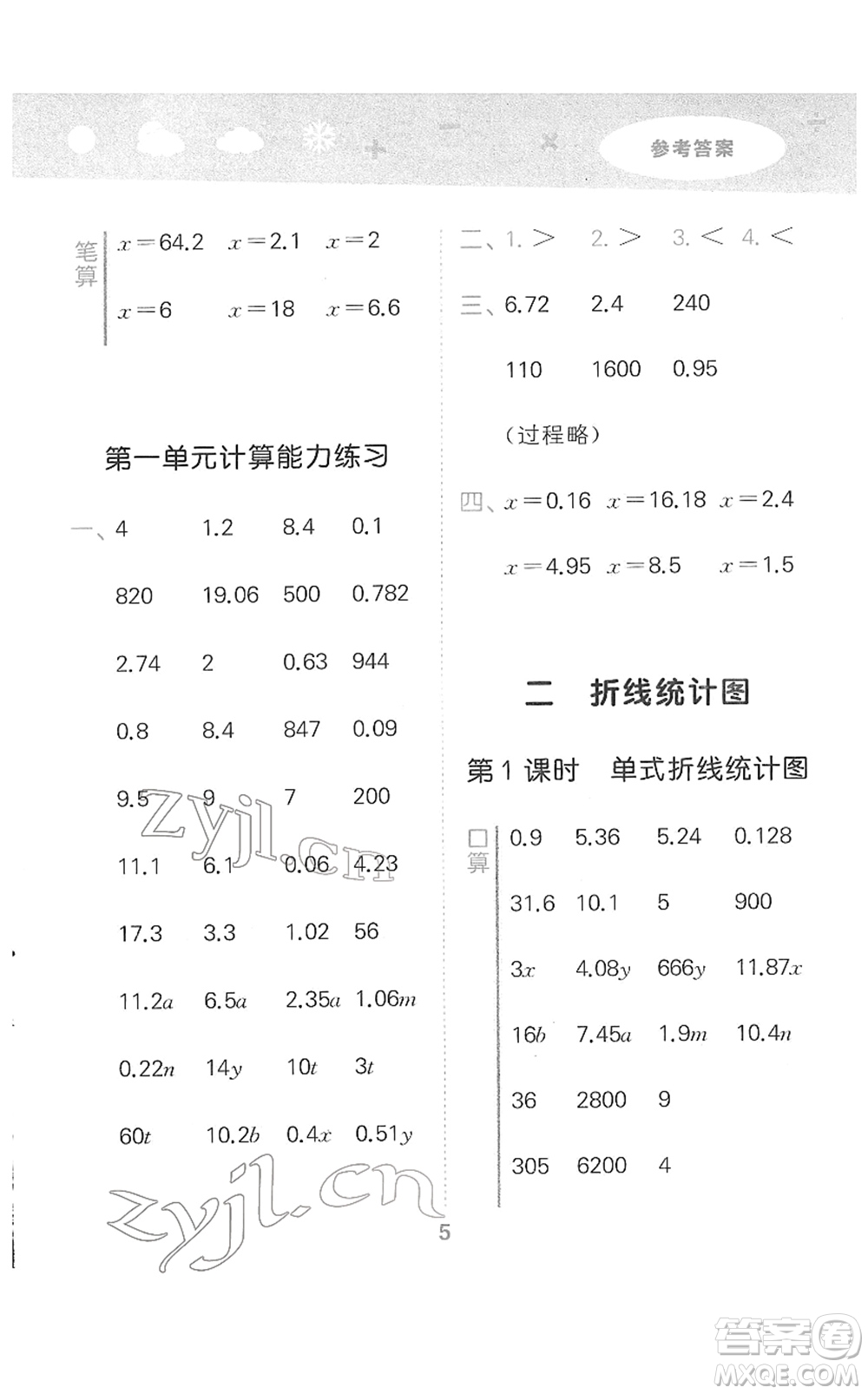 地質(zhì)出版社2022小學(xué)口算大通關(guān)五年級數(shù)學(xué)下冊SJ蘇教版答案