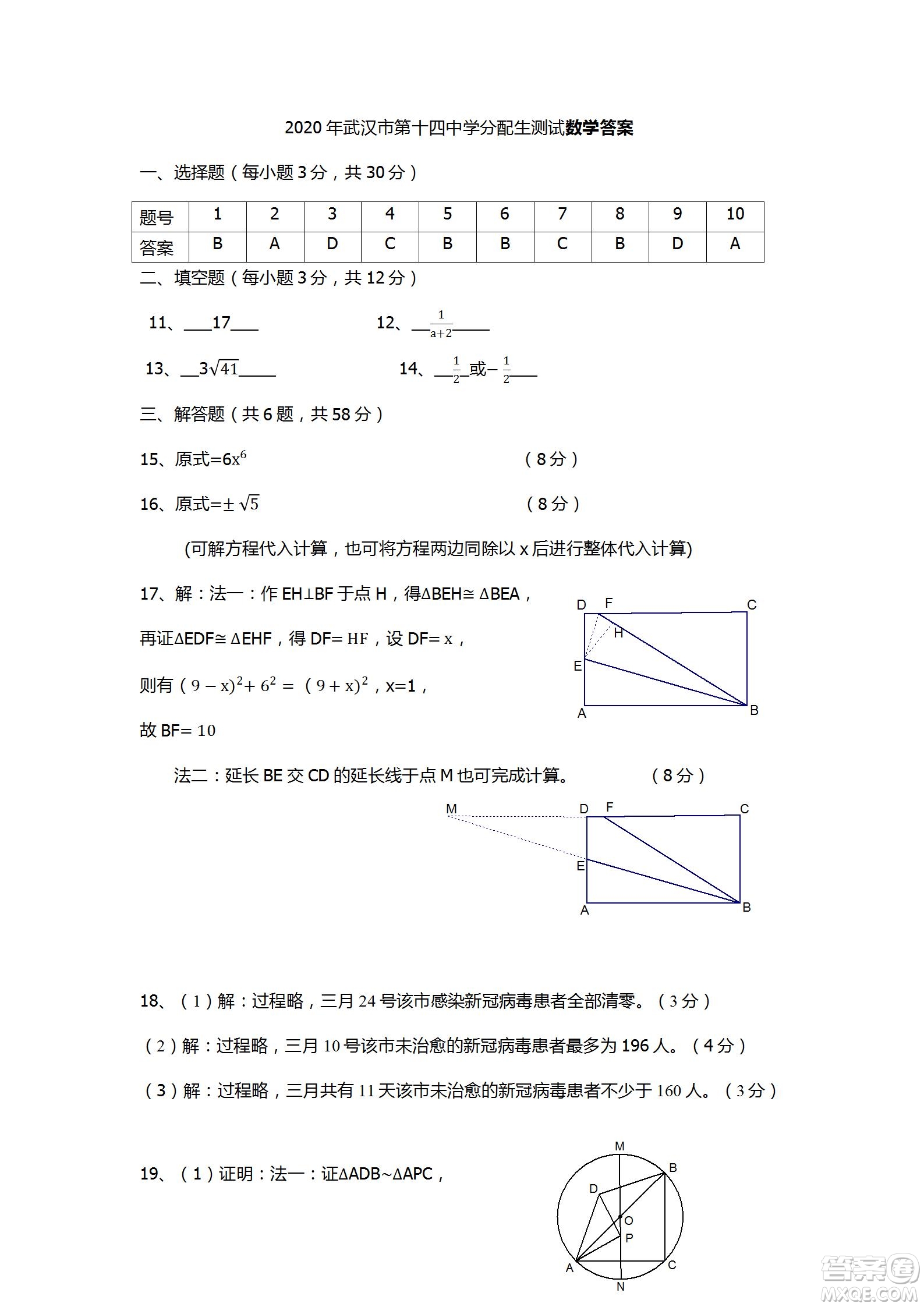 2020年武漢市第十四中學(xué)分配生測試數(shù)學(xué)試卷及答案