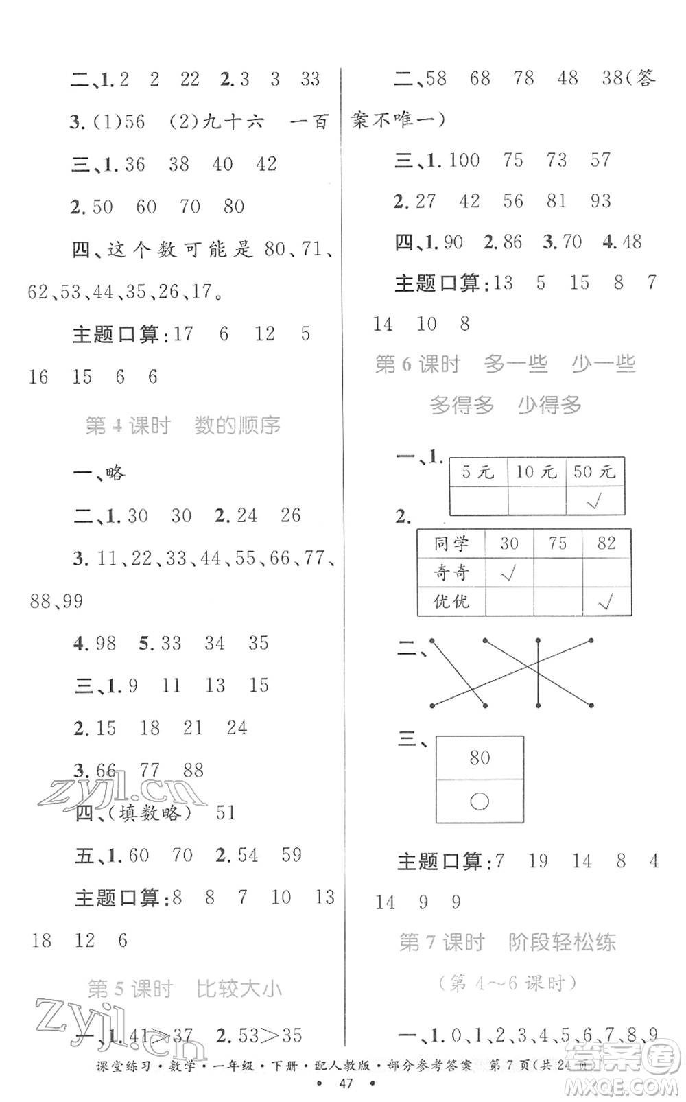 貴州人民出版社2022課堂練習(xí)一年級數(shù)學(xué)下冊人教版答案