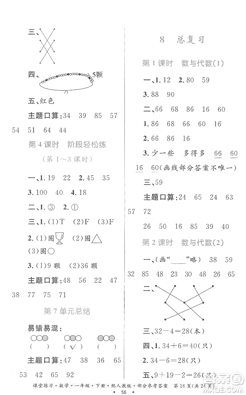 貴州人民出版社2022課堂練習(xí)一年級數(shù)學(xué)下冊人教版答案