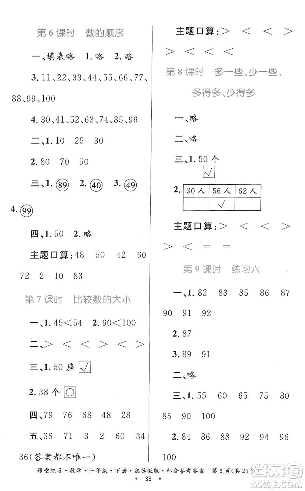 貴州人民出版社2022課堂練習(xí)一年級數(shù)學(xué)下冊蘇教版答案