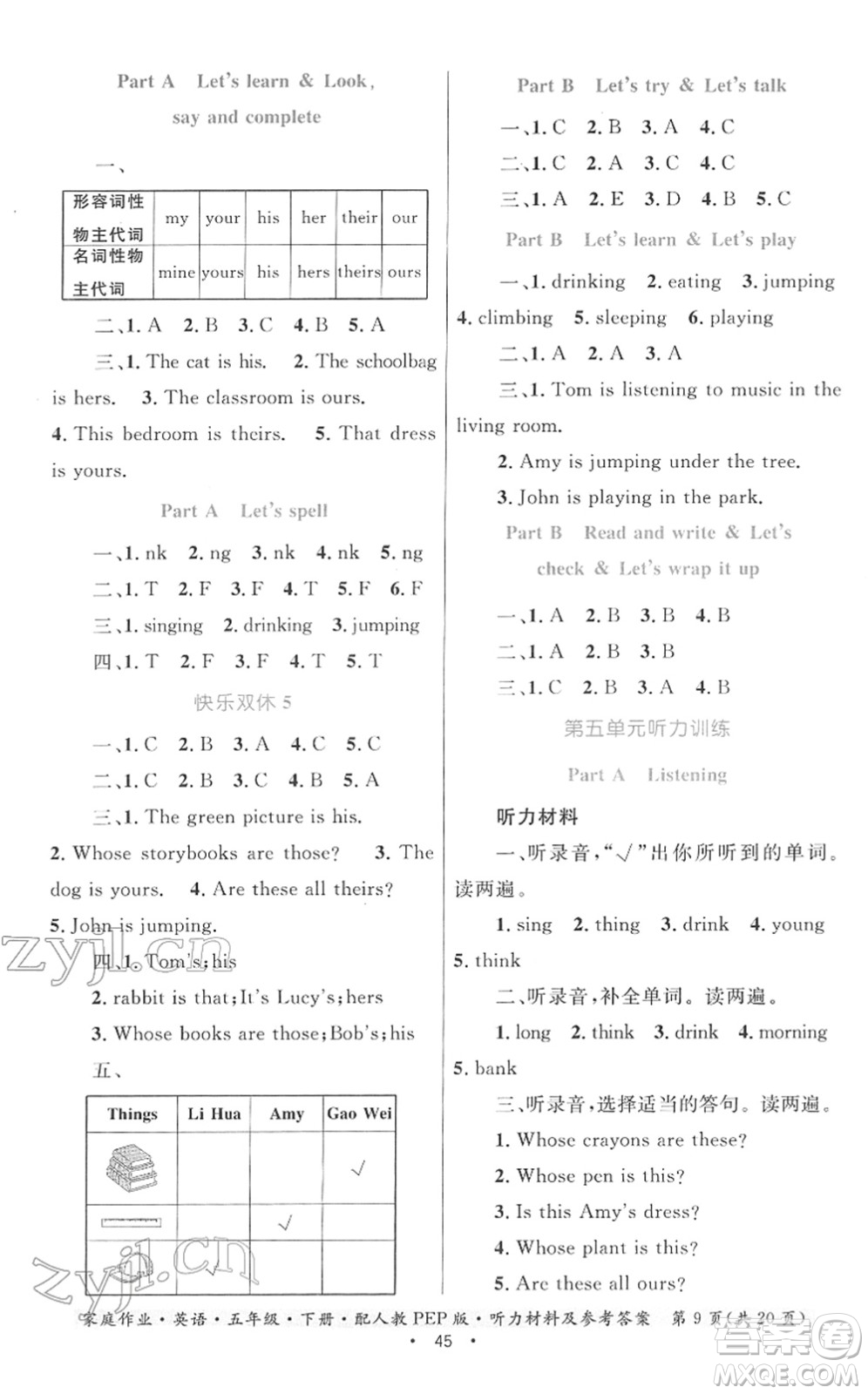 貴州人民出版社2022家庭作業(yè)五年級英語下冊人教PEP版答案