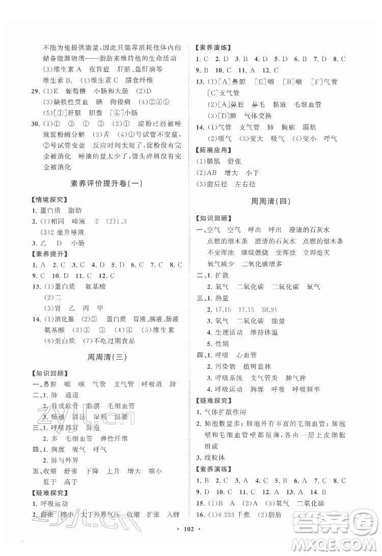 山東教育出版社2022初中同步練習(xí)冊分層卷生物學(xué)七年級下冊濟(jì)南版答案