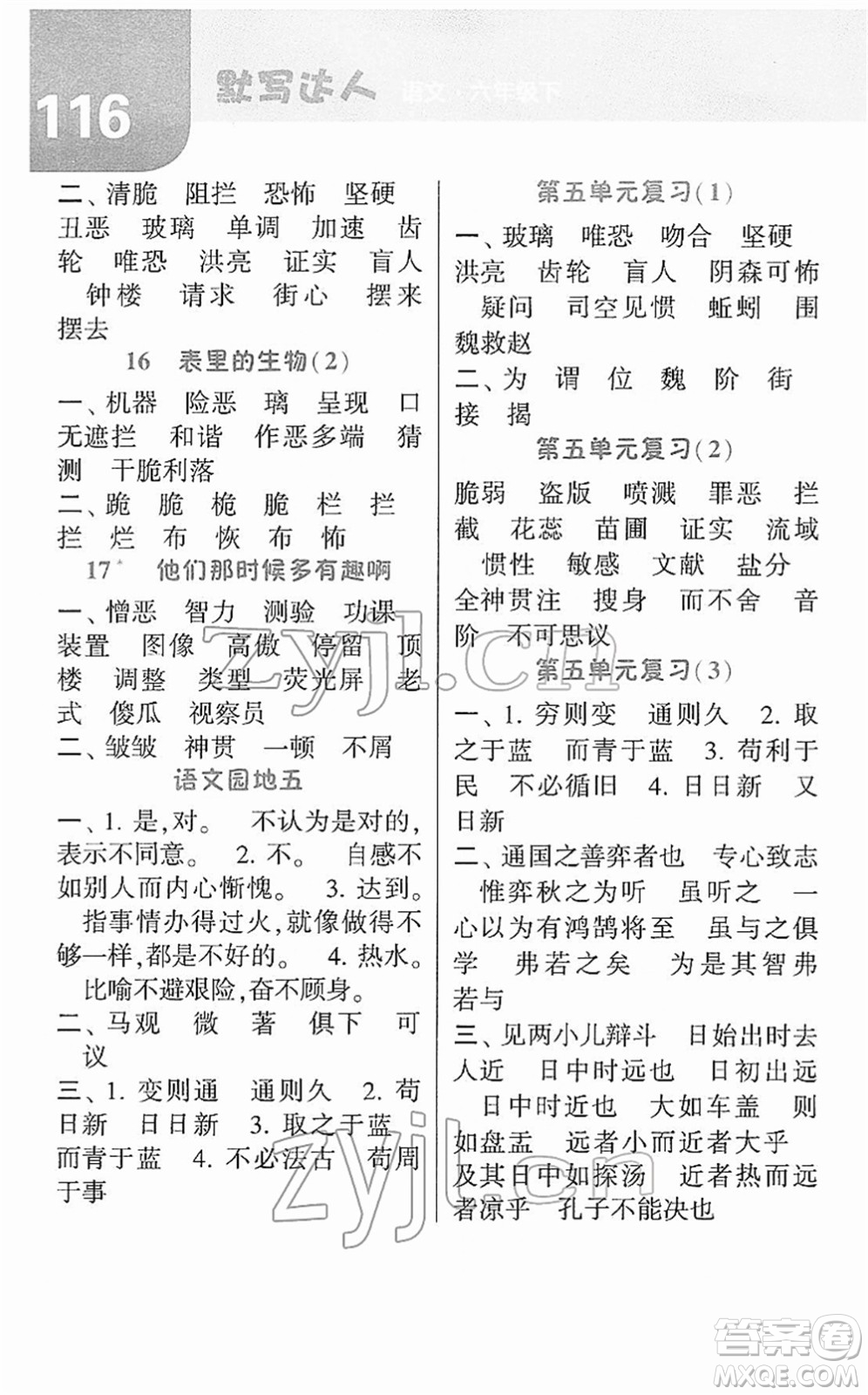 寧夏人民教育出版社2022經(jīng)綸學(xué)典默寫達(dá)人六年級語文下冊RJ人教版答案