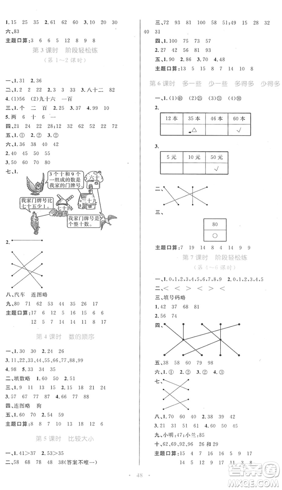 內(nèi)蒙古教育出版社2022小學(xué)同步學(xué)習(xí)目標(biāo)與檢測(cè)一年級(jí)數(shù)學(xué)下冊(cè)人教版答案