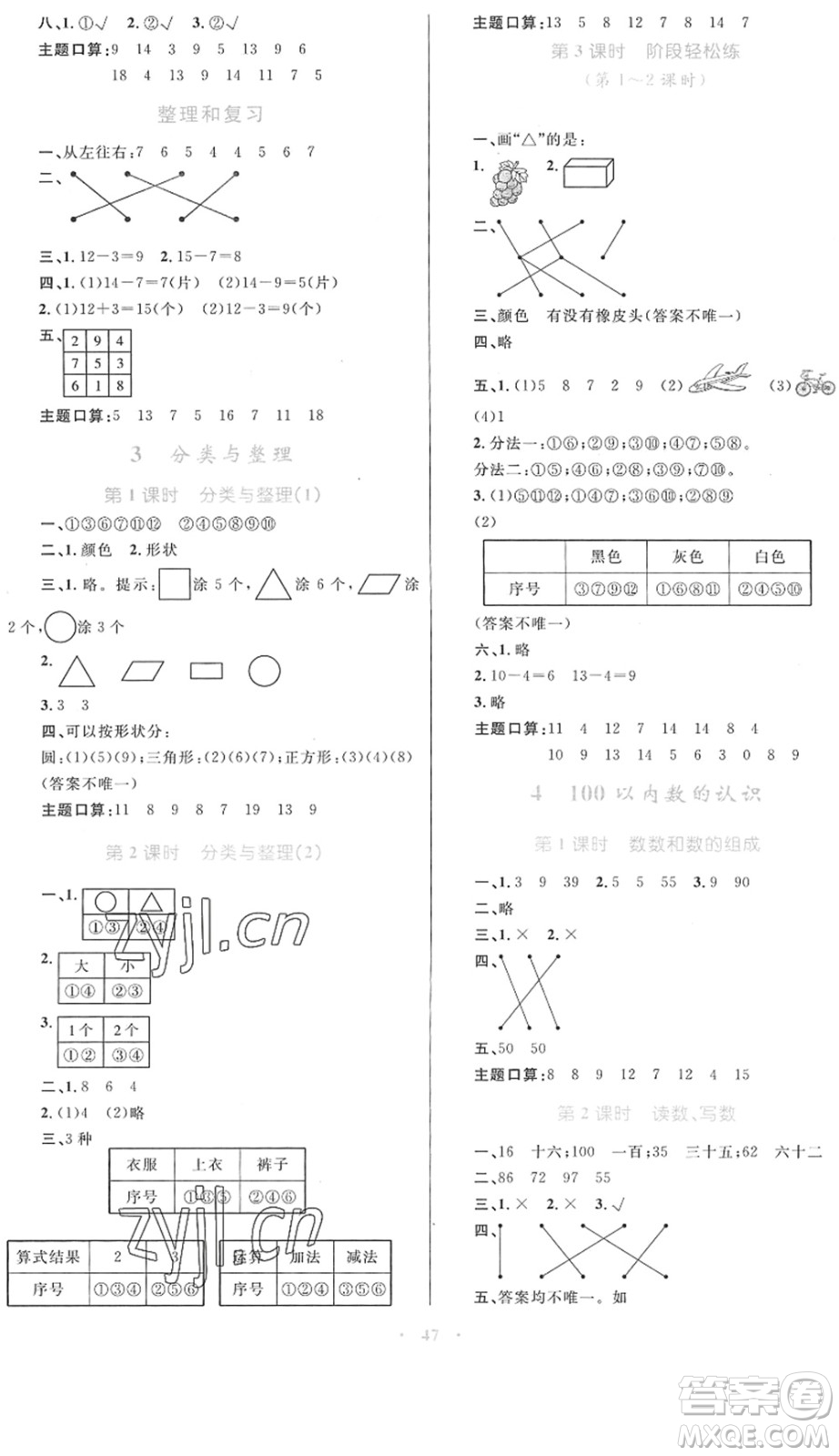 內(nèi)蒙古教育出版社2022小學(xué)同步學(xué)習(xí)目標(biāo)與檢測(cè)一年級(jí)數(shù)學(xué)下冊(cè)人教版答案