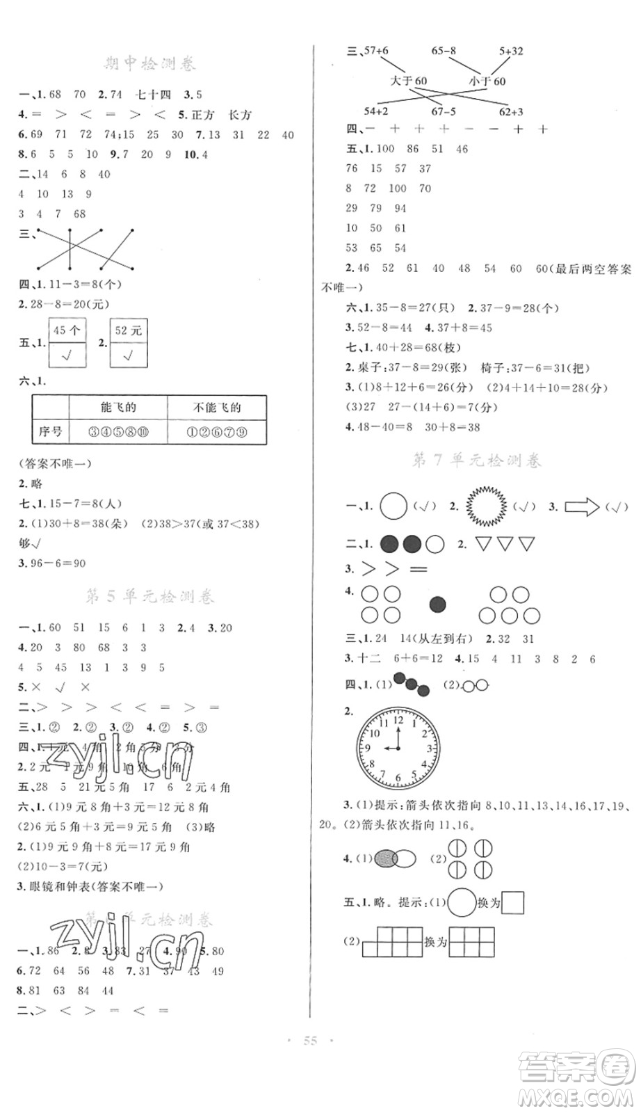 內(nèi)蒙古教育出版社2022小學(xué)同步學(xué)習(xí)目標(biāo)與檢測(cè)一年級(jí)數(shù)學(xué)下冊(cè)人教版答案