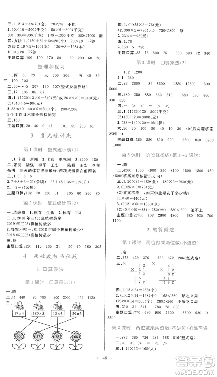 內(nèi)蒙古教育出版社2022小學(xué)同步學(xué)習(xí)目標(biāo)與檢測三年級數(shù)學(xué)下冊人教版答案