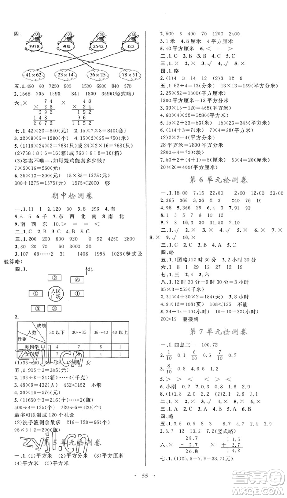 內(nèi)蒙古教育出版社2022小學(xué)同步學(xué)習(xí)目標(biāo)與檢測三年級數(shù)學(xué)下冊人教版答案