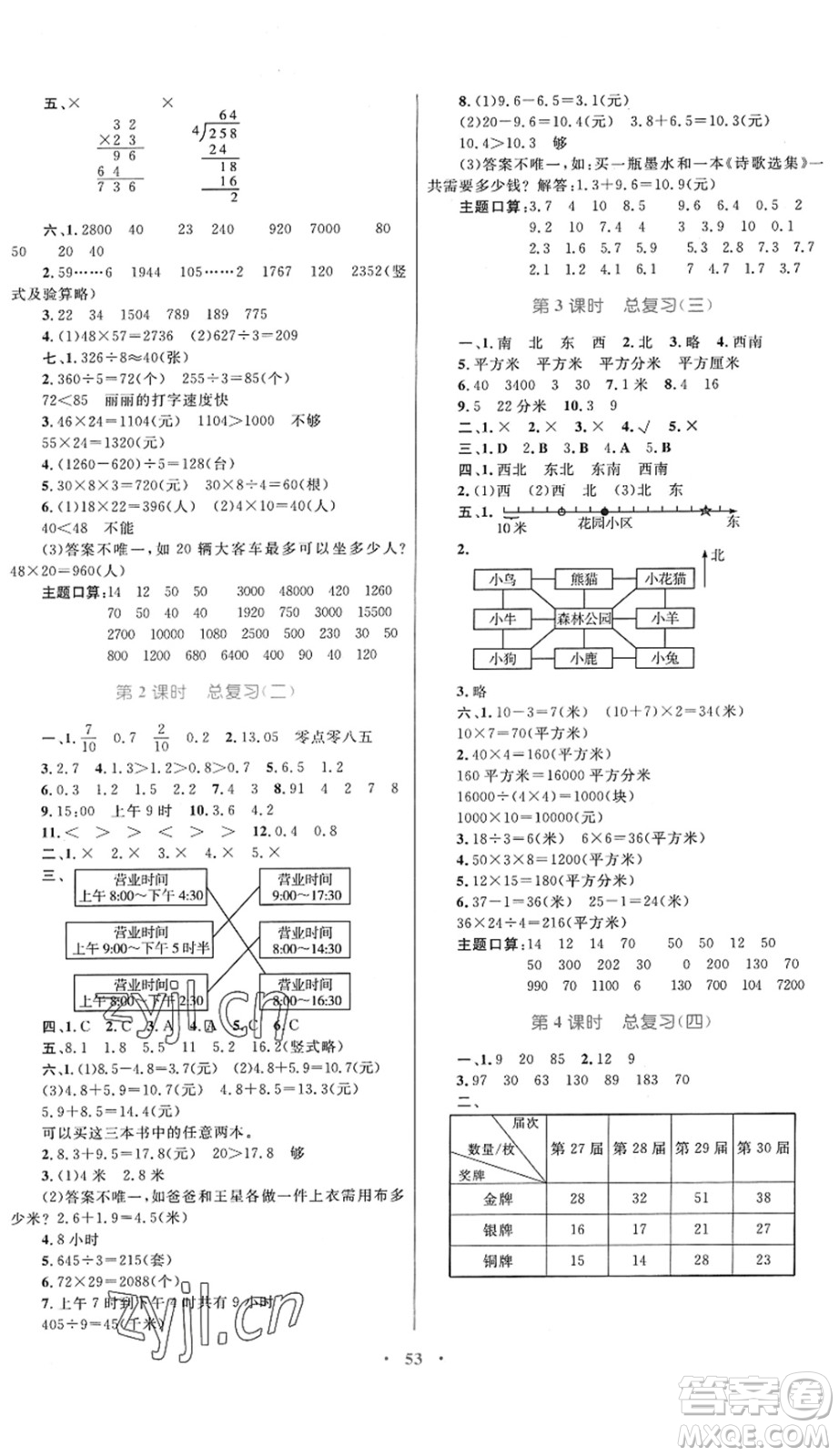 內(nèi)蒙古教育出版社2022小學(xué)同步學(xué)習(xí)目標(biāo)與檢測三年級數(shù)學(xué)下冊人教版答案