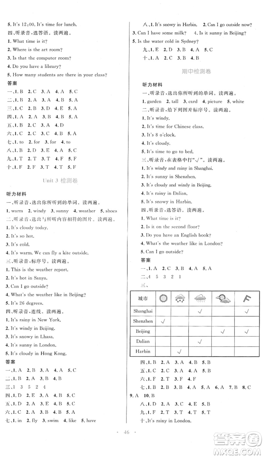 內蒙古教育出版社2022小學同步學習目標與檢測四年級英語下冊人教版答案