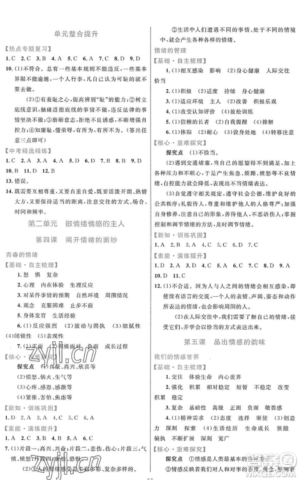 內(nèi)蒙古教育出版社2022初中同步學(xué)習(xí)目標(biāo)與檢測七年級道德與法治下冊人教版答案