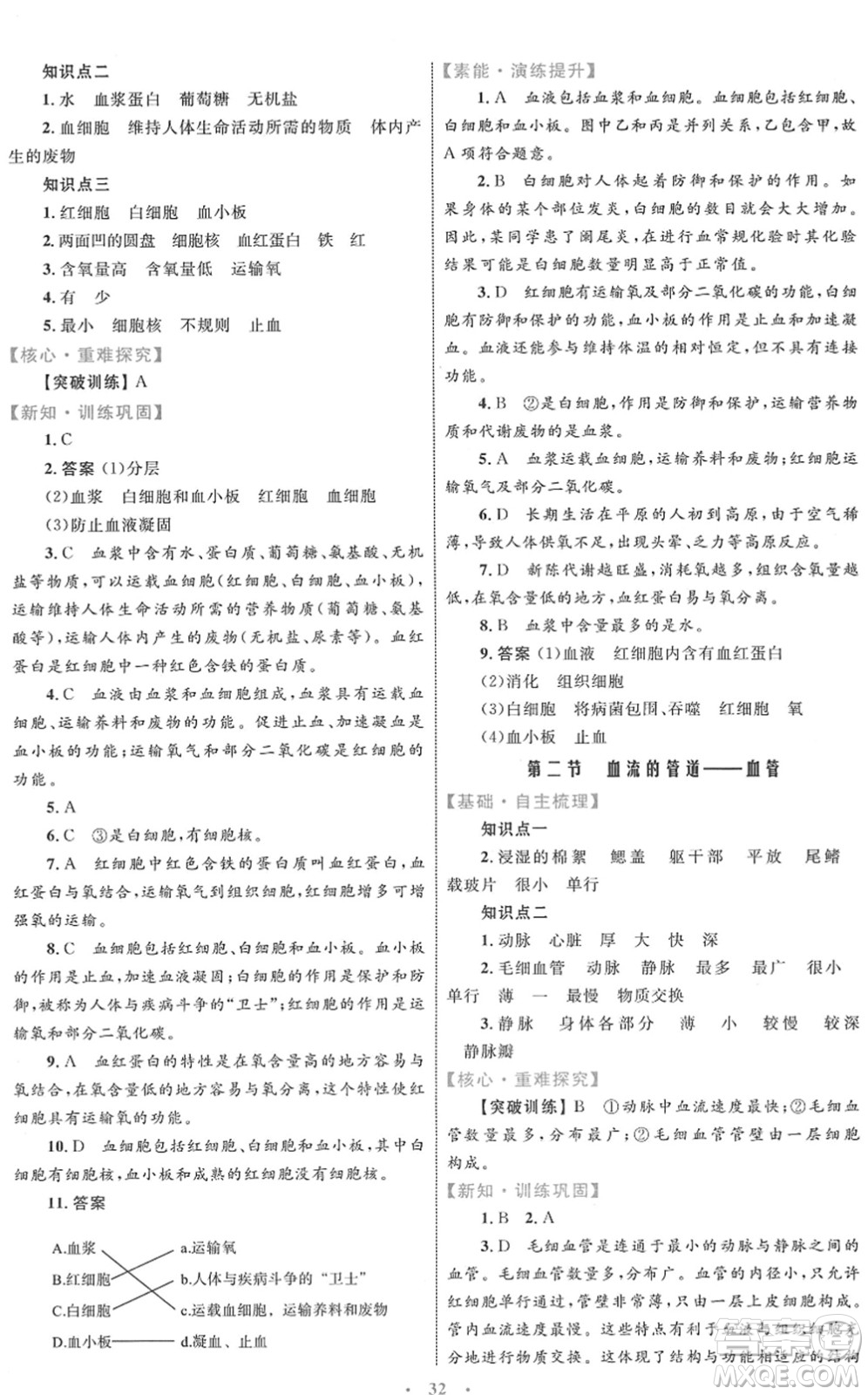 內蒙古教育出版社2022初中同步學習目標與檢測七年級生物下冊人教版答案