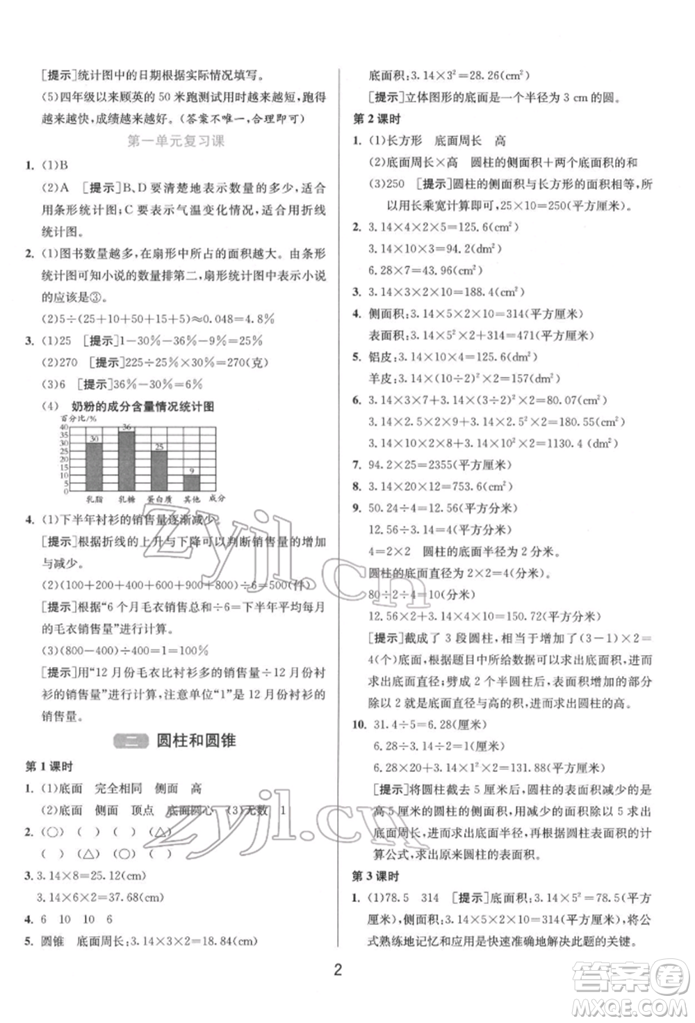 江蘇人民出版社2022年1課3練單元達標(biāo)測試六年級下冊數(shù)學(xué)蘇教版參考答案