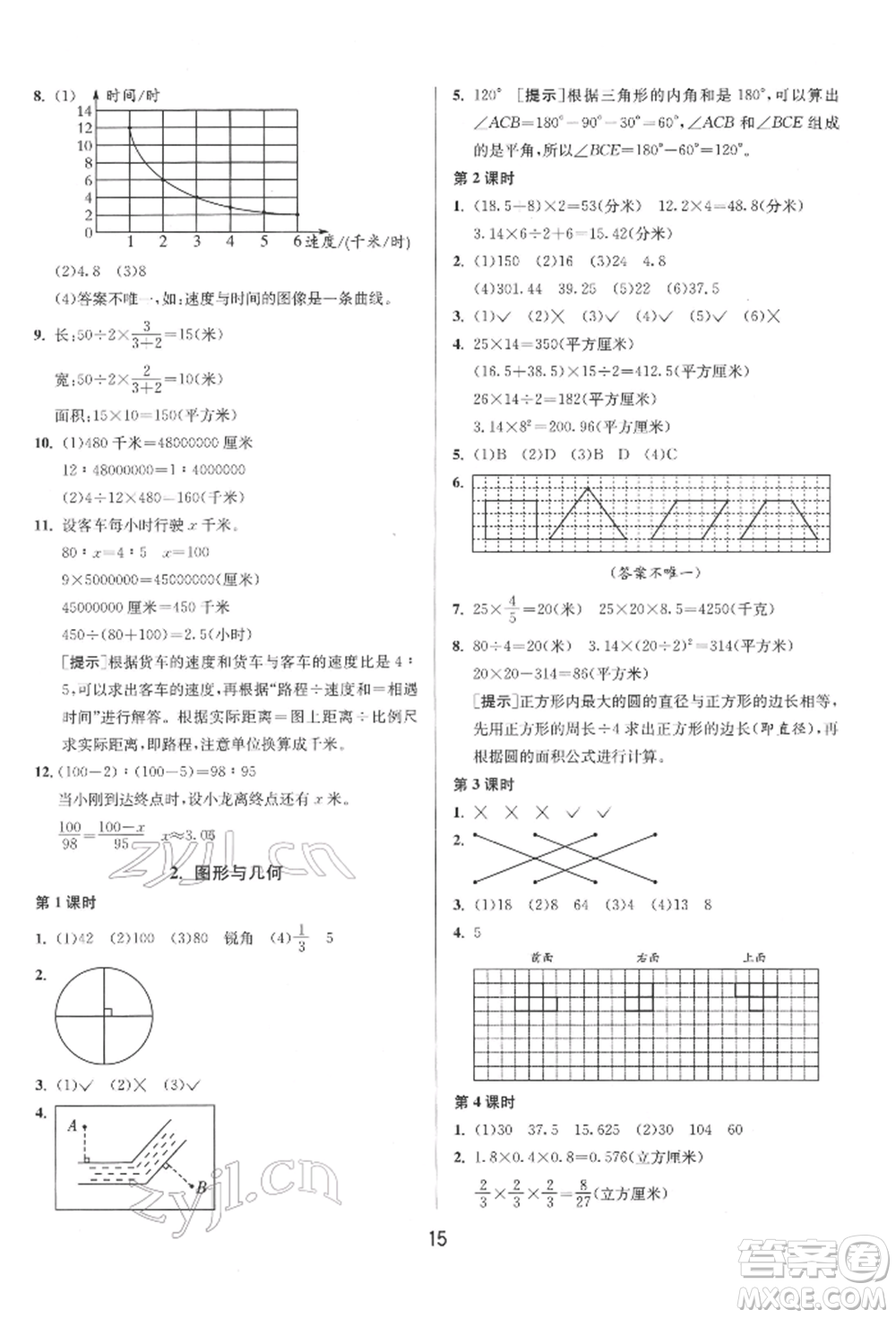 江蘇人民出版社2022年1課3練單元達標(biāo)測試六年級下冊數(shù)學(xué)蘇教版參考答案